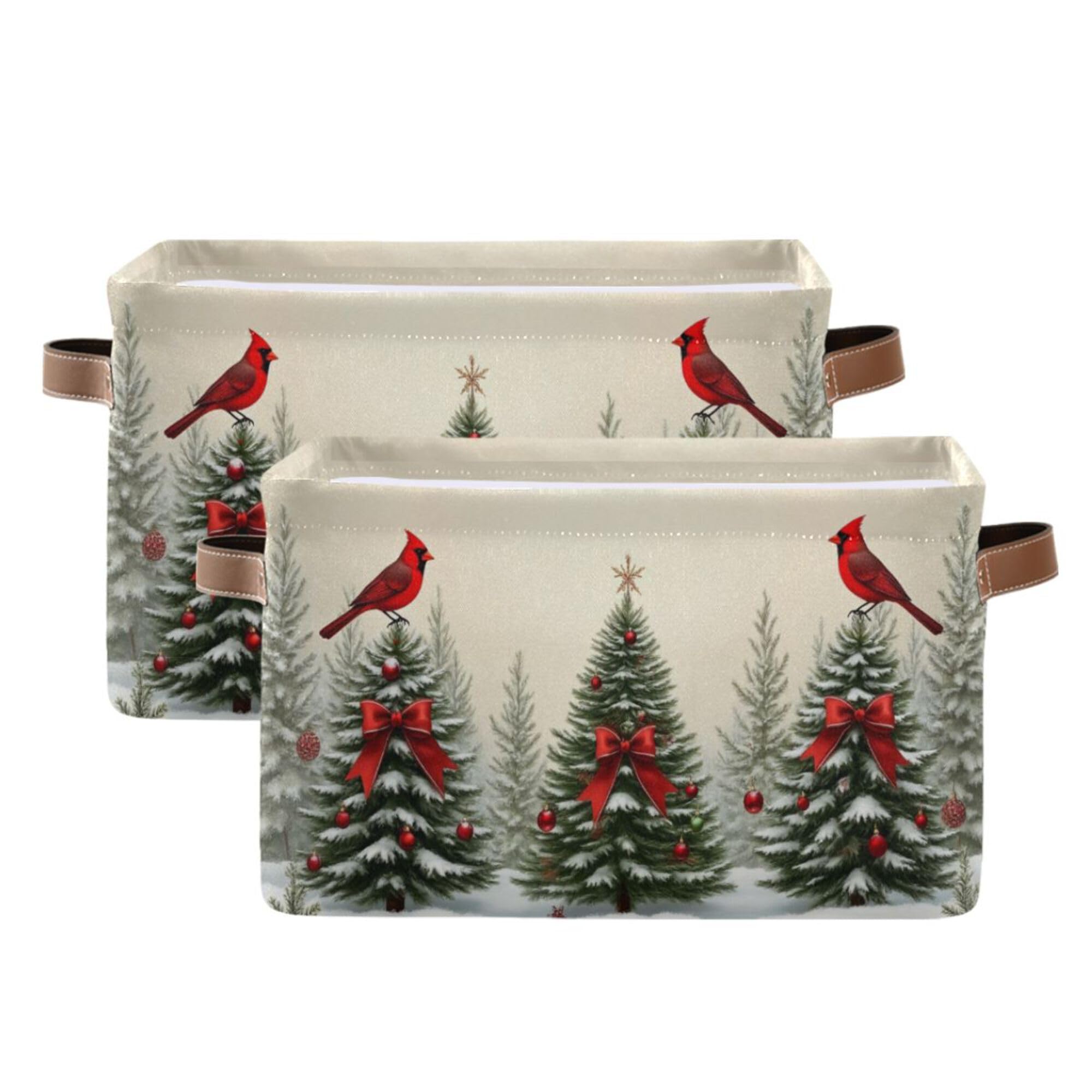 Christmas Tree Cardinals Birds Storage Basket with Waterproof Liner and PU Handles Winter Xmas Tree Bow Storage Bins Boxes 14.2" Collapsible Decorative Organizer Baskets for Bedroom Office 2 Pack