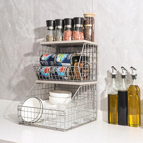 Miniatura 6 de Cesta de frutas plateada, apilable para montar en la pared, cesta de almacenamiento con tapa de madera, cesta de alambre colgante de cocina para