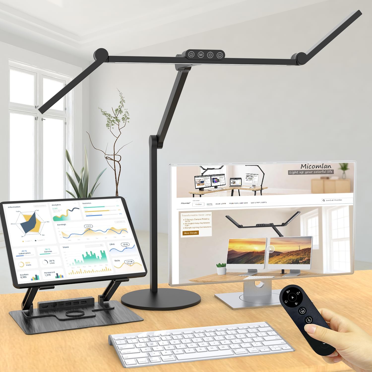 Micomlan Architect Desk Lamp with Remote Control, Adjustable Led Desk Light for Home Office with Base, 24W Bright Auto Dimming Table Light Rotatable Office Lamp with Swing Arm for Computer Cafting Dark Black