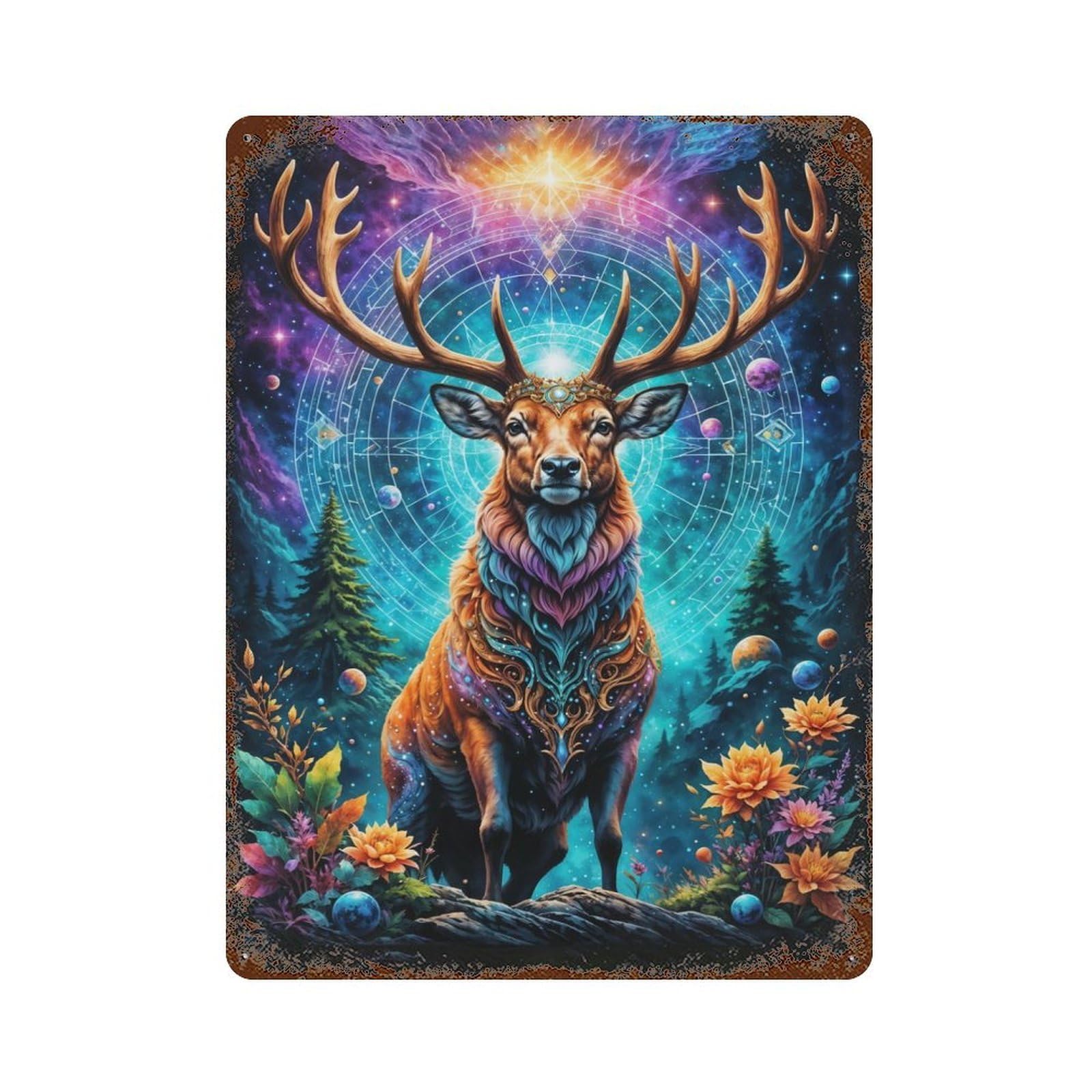 Crowned Deer of Universe Distressed Metal Wall Sign 15.7"x11.8", Rustic Home Decor for Farmhouse, Kitchen And Entryway Decor