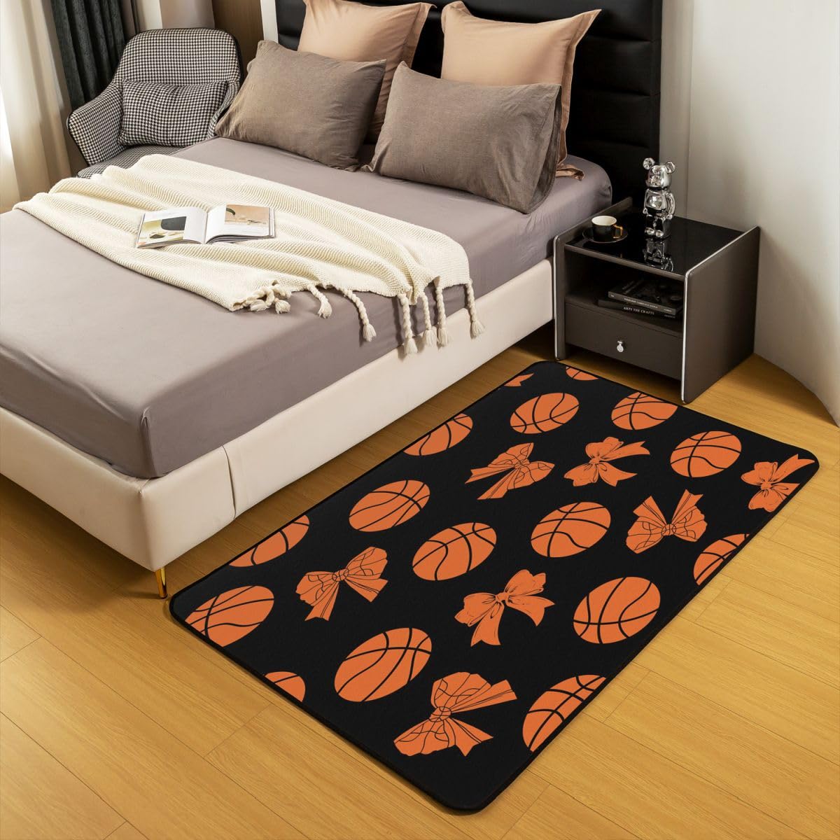 Loussiesd Dywan do koszykówki 150 x 200 cm poliester kokarda dywany do salonu do sypialni gier sport dekoracja dywan gry w piłkę czarna mata podłogowa do wnętrz prezent dla miłośnika koszykówki miękka
