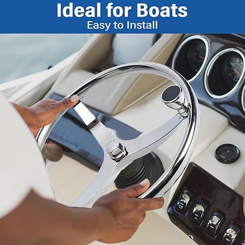 Miniatura 2 de Amarine Made Volante de barco de acero inoxidable con 3 radios de 15-1/2" de diámetro, con tuerca de 5/8" -18 y perilla giratoria para Seastar y