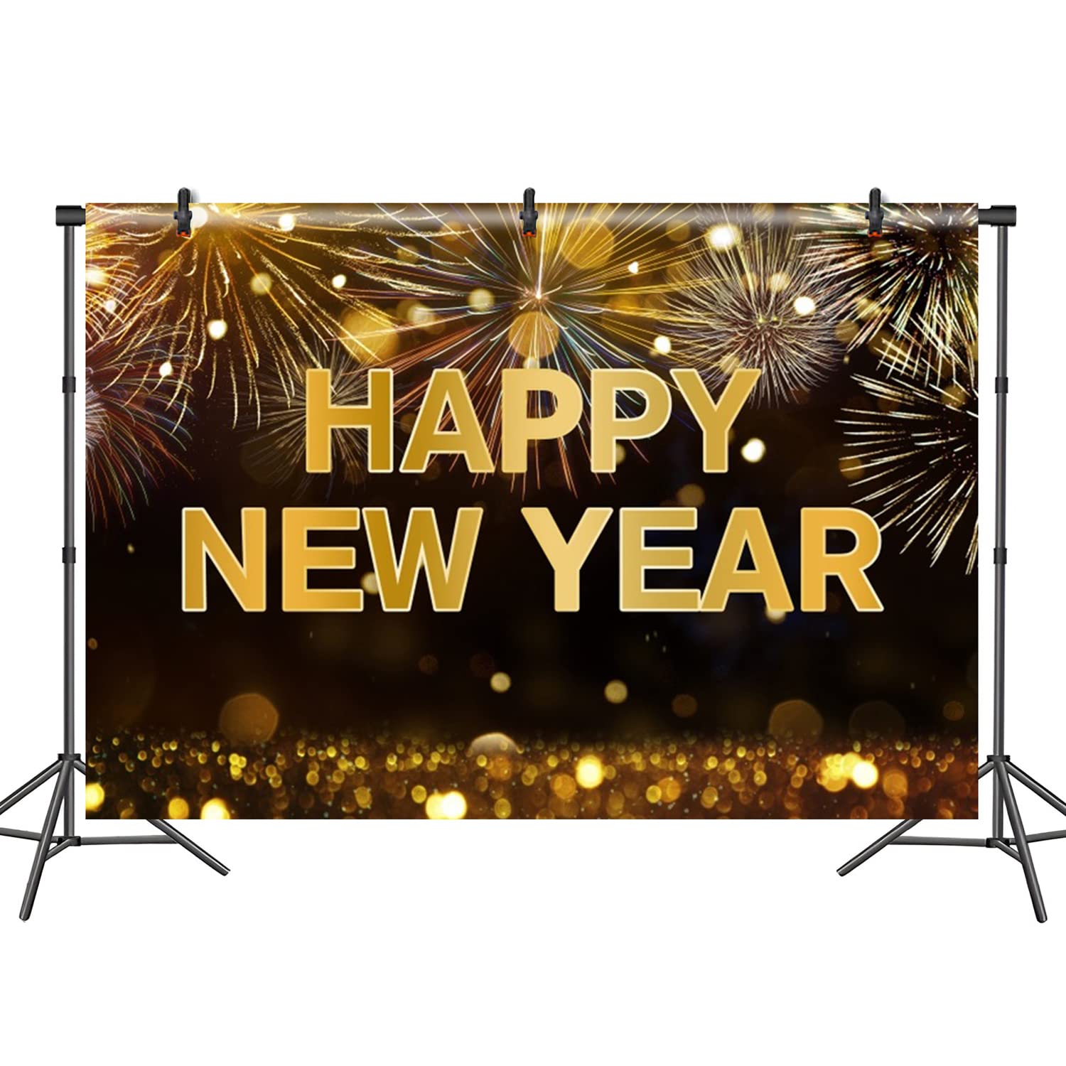 DASHAN 12x8ft Happy New Year Backdrop Fireworks Gold Bokeh Photo Background for Happy New Year Eve Banner Decor Christmas Eve Party Photography Studio