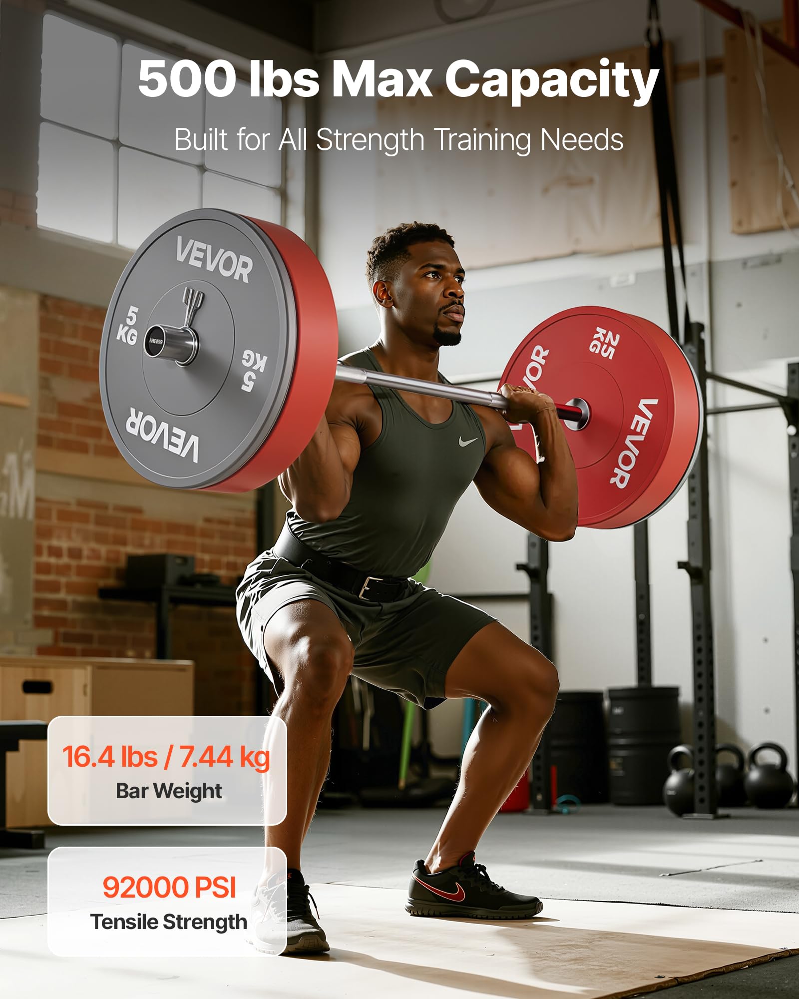 VEVOR Barra de Pesas Cromada de 120 cm con Mango Acanalado para Entrenamiento de Fuerza, Levantamiento de Pesas, Sentadillas, Peso Muerto, con Capacidad de Carga de 227 kg, 1200 x 65 x 65 mm