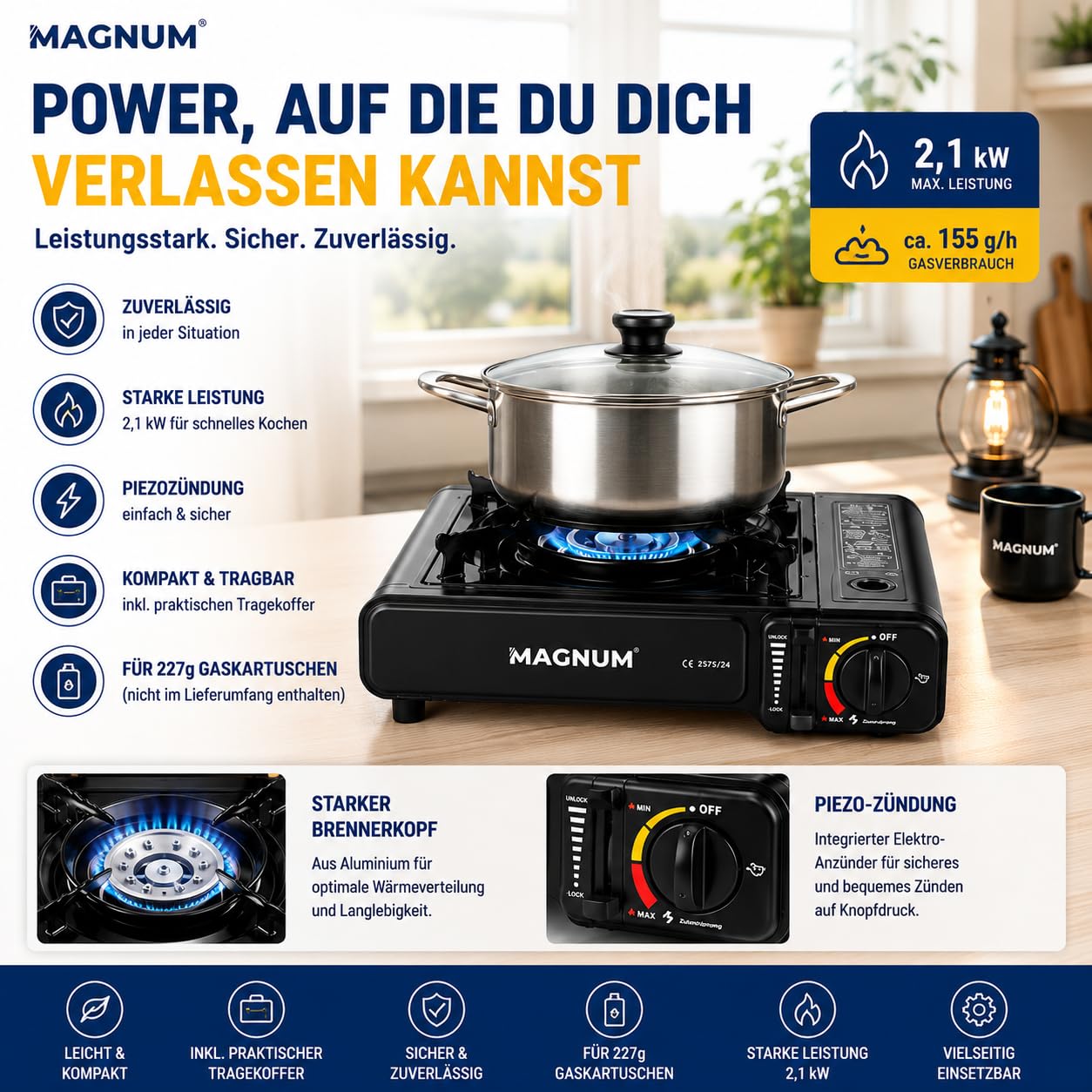 Magnum® Gaskocher [inkl. 16x Gaskartuschen] – Campingkocher [Notfall Ausrüstung ] – Gaskocher mit Kartusche - Campingkocher mit Gaskartusche (16 Kartuschen)