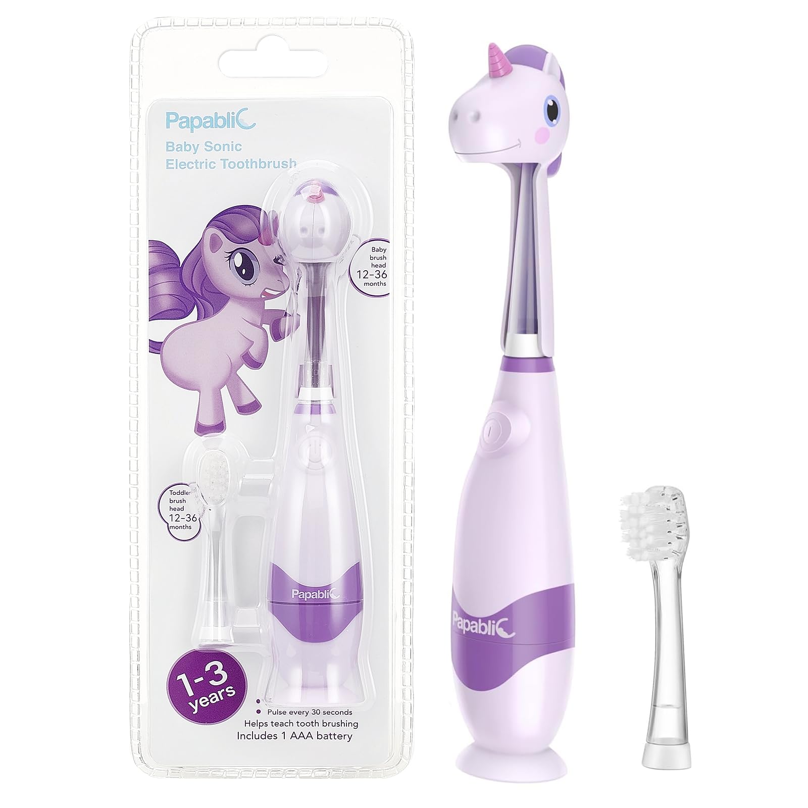 Papablic Toddler Electric Toothbrush for Age 2-4, Purple Unicorn Arya