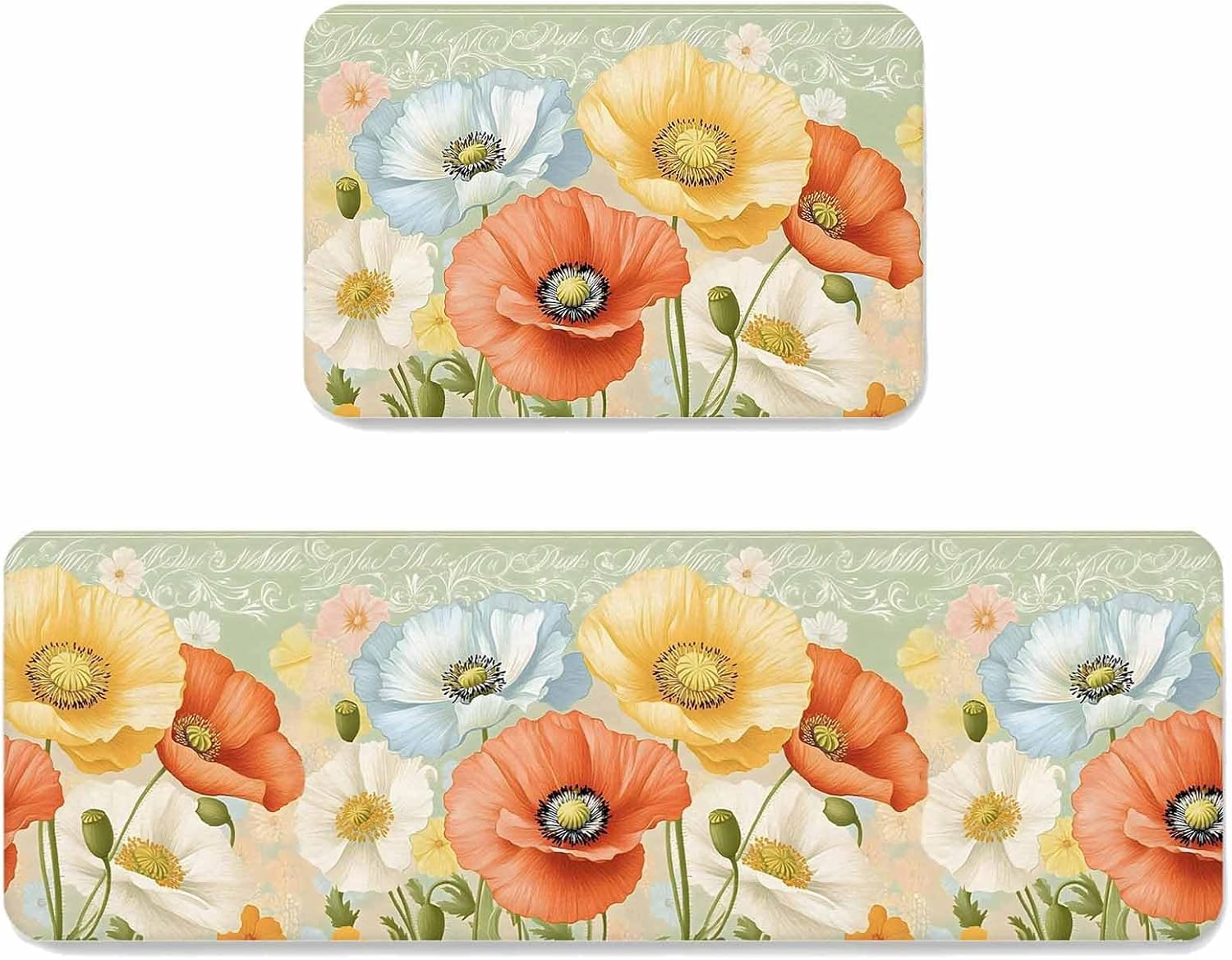 Prime Leader Red Yellow Kitchen Mat Set 2 Pieces White Poppy Vintage Watercolor Plant Pastoral Non Slip Kitchen Rugs Washable Runner Rug Mats for Sink Laundry (19.7" x 31.5"+19.7" x 63")