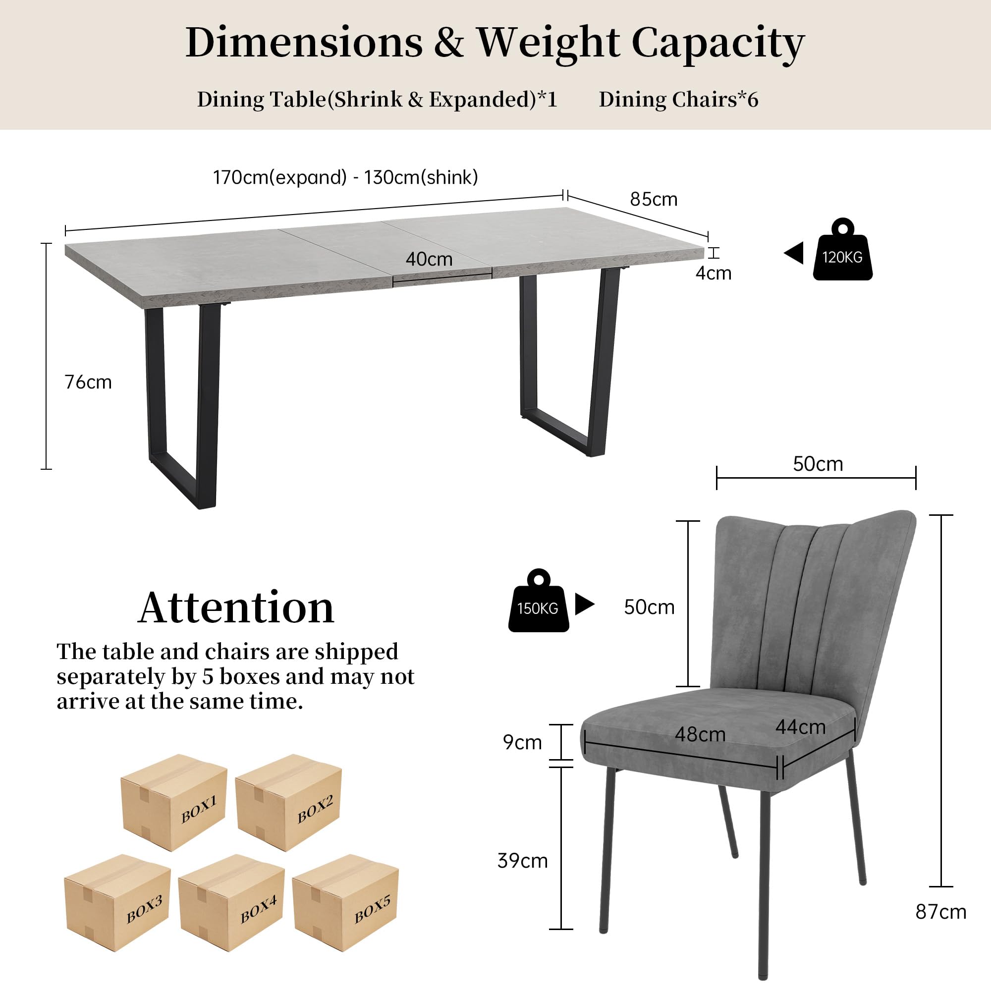 JIEXI Tavolo da pranzo allungabile 4-6 posti, tavolo da pranzo allungabile e sedie, materiale MDF moderno, adatto per soggiorno, cucina, lunghezza 130-170 cm