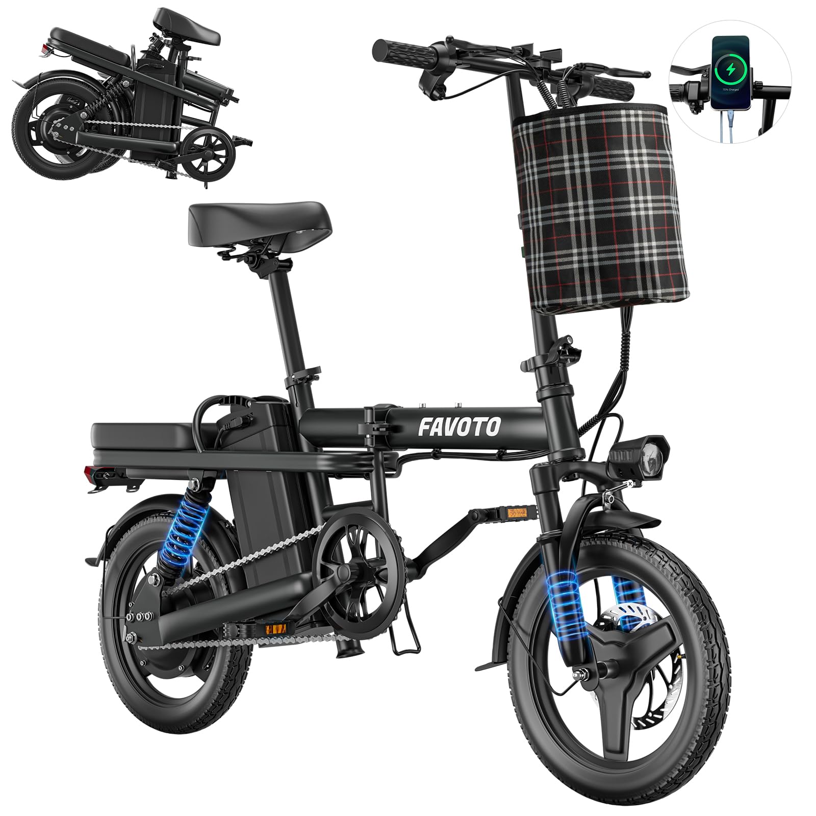 Favoto Folding Electric Bike - Multiple Suspension Ebike Foldable Stable Frame with 400W Motor 48V10.4Ah Removable Battery