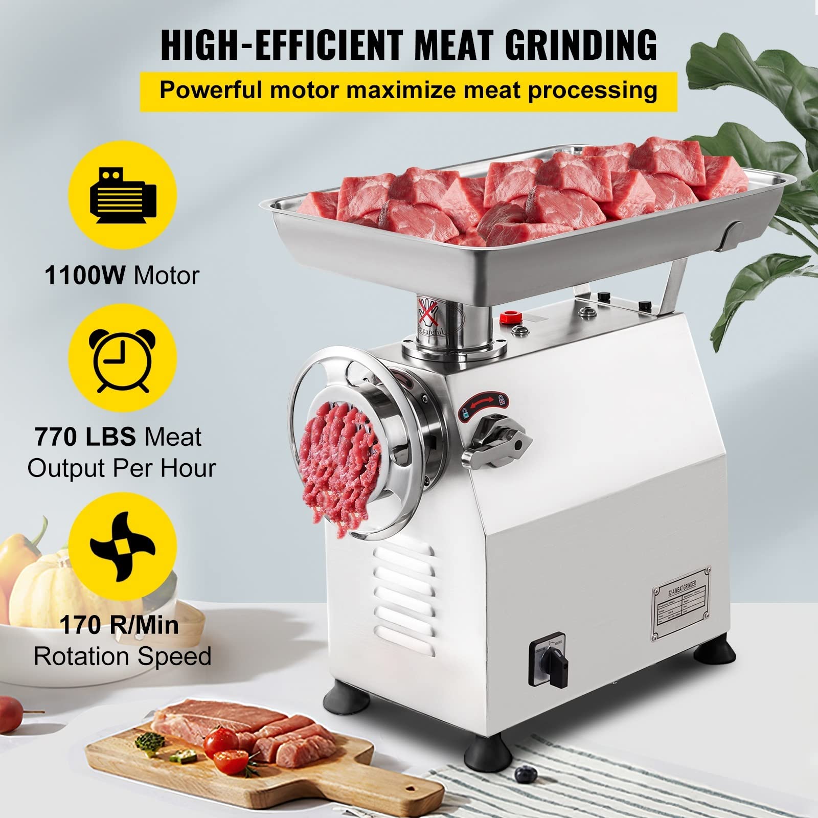 Picadora de Carne Comercial de 770 LB/h, eléctrica, de Acero Inoxidable, con 2 Cabezales de molienda y 2 Cuchillas para Restaurante.,
