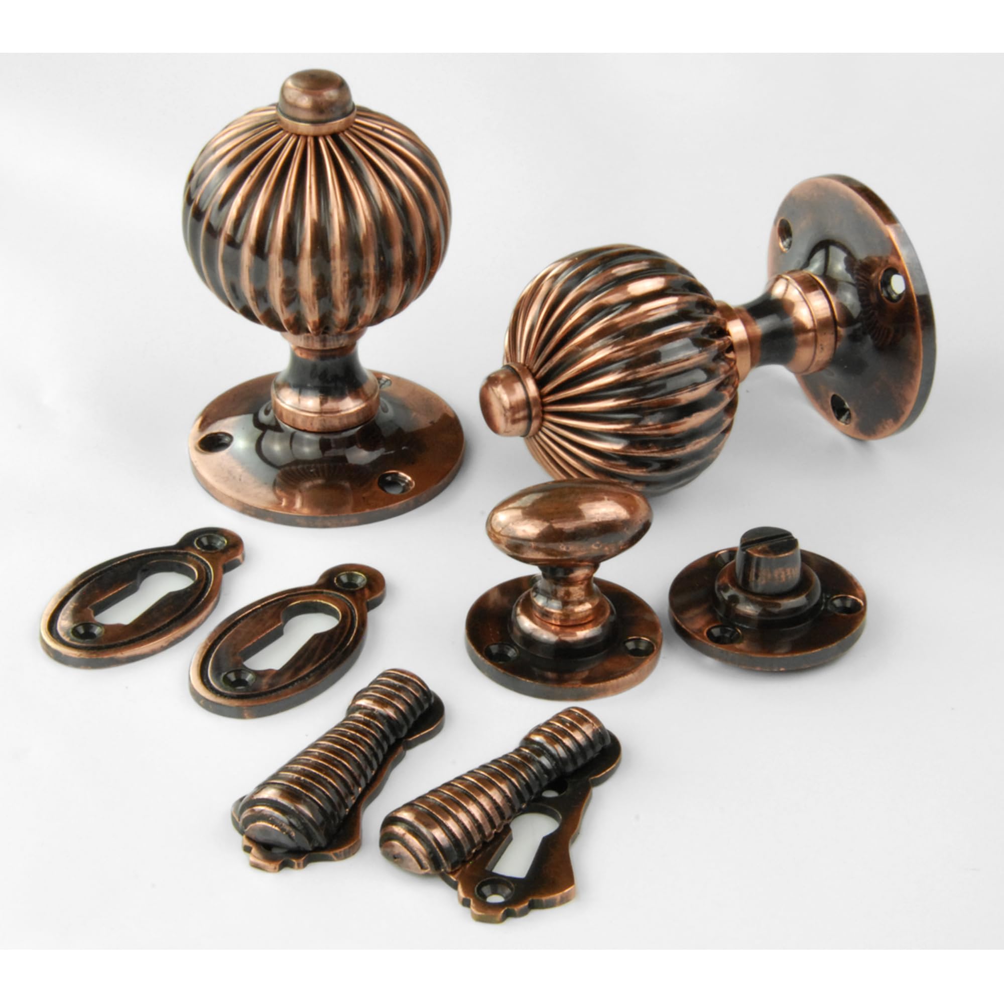 UNDERGROUND PARTS Jones & Grey Vintage Regency Style Solid Brass Reeded Round Door Knobs Handles - Antique Copper (Bathroom Handles with Thumb Turn)