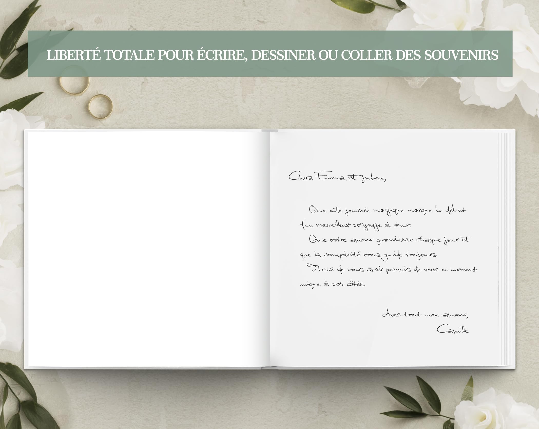 Livre d'or élégant à couverture rigide, 120 pages pour mariage, anniversaire, baptême