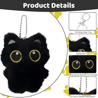 Cat Plush Keychain Black Cat Keyring Purse Charm Big-Eyed Cute Bag Charms Gifts for Women Kawaii Pendant for Handbags Backpacks Wallets Adorable Animal Accessories Kitty Lover Gifts