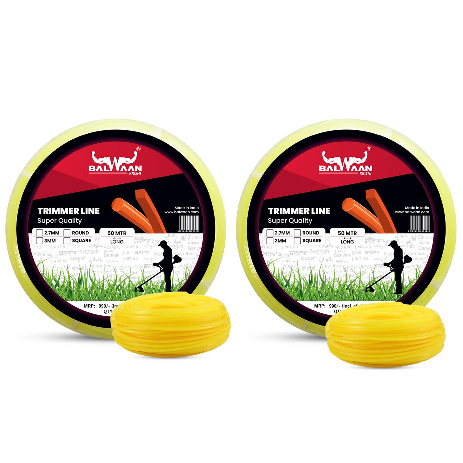 Balwaan Krishi Trimmer Line Pack of 2/Nylon Rope Bundle for Brush Cutter (50m, 3mm Square)/ Grass Cutter/Weeder/Trimmer/Tap n Go