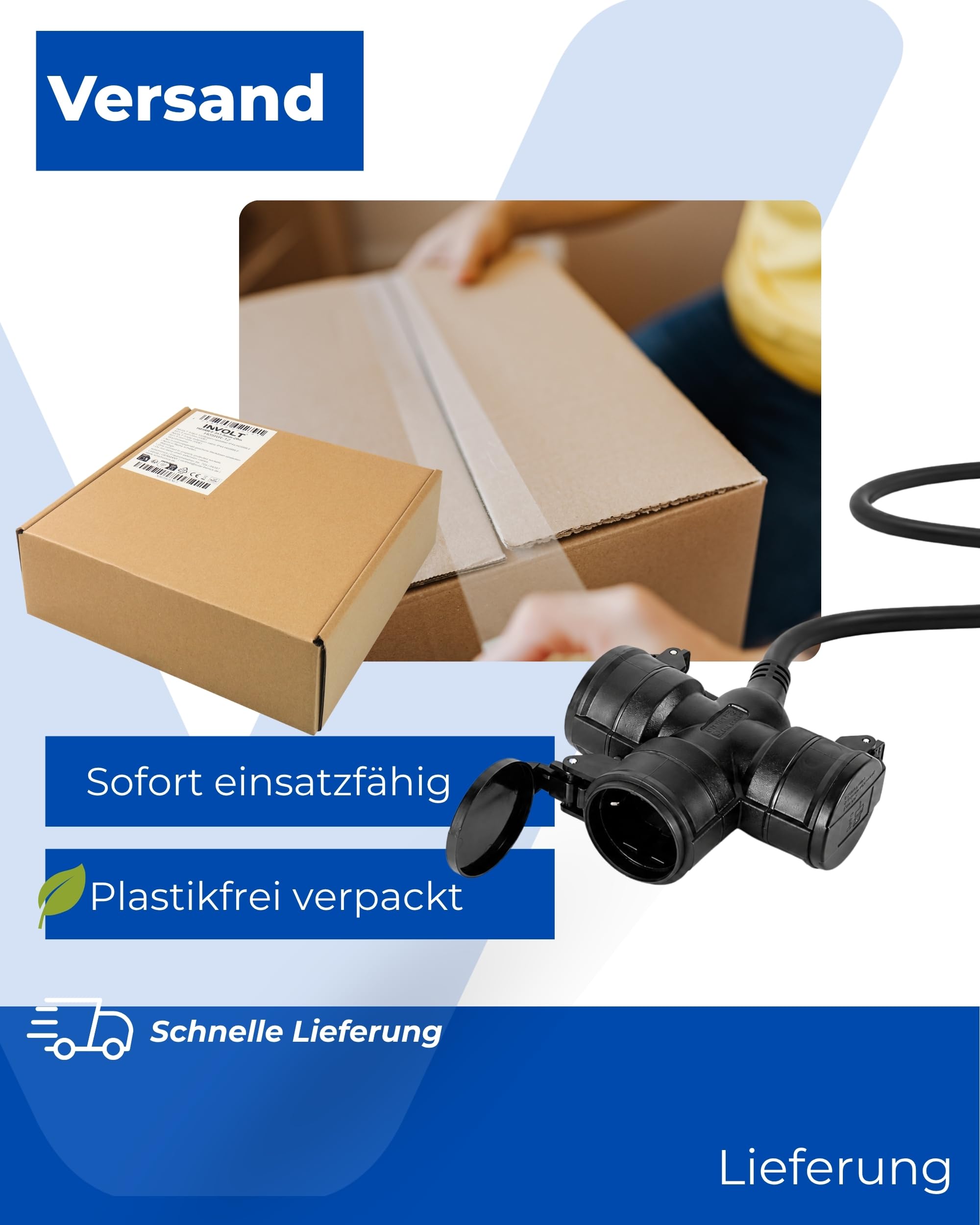 INVOLT 20 m przedłużacz z 3 gniazdami Schuko, do użytku na zewnątrz, IP44 H05RR-F 3G, 1,5 mm², czarny, gumowy przewód do ogrodu, na plac budowy, do warsztatu