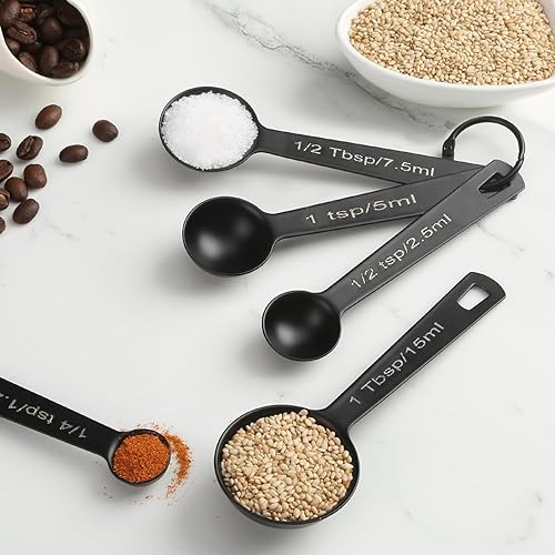 Miniatura 6 de Juego de 5 cucharas medidoras de acero inoxidable, tazas medidoras de metal y cucharas para líquidos, alimentos, cocina, hornear (negro)