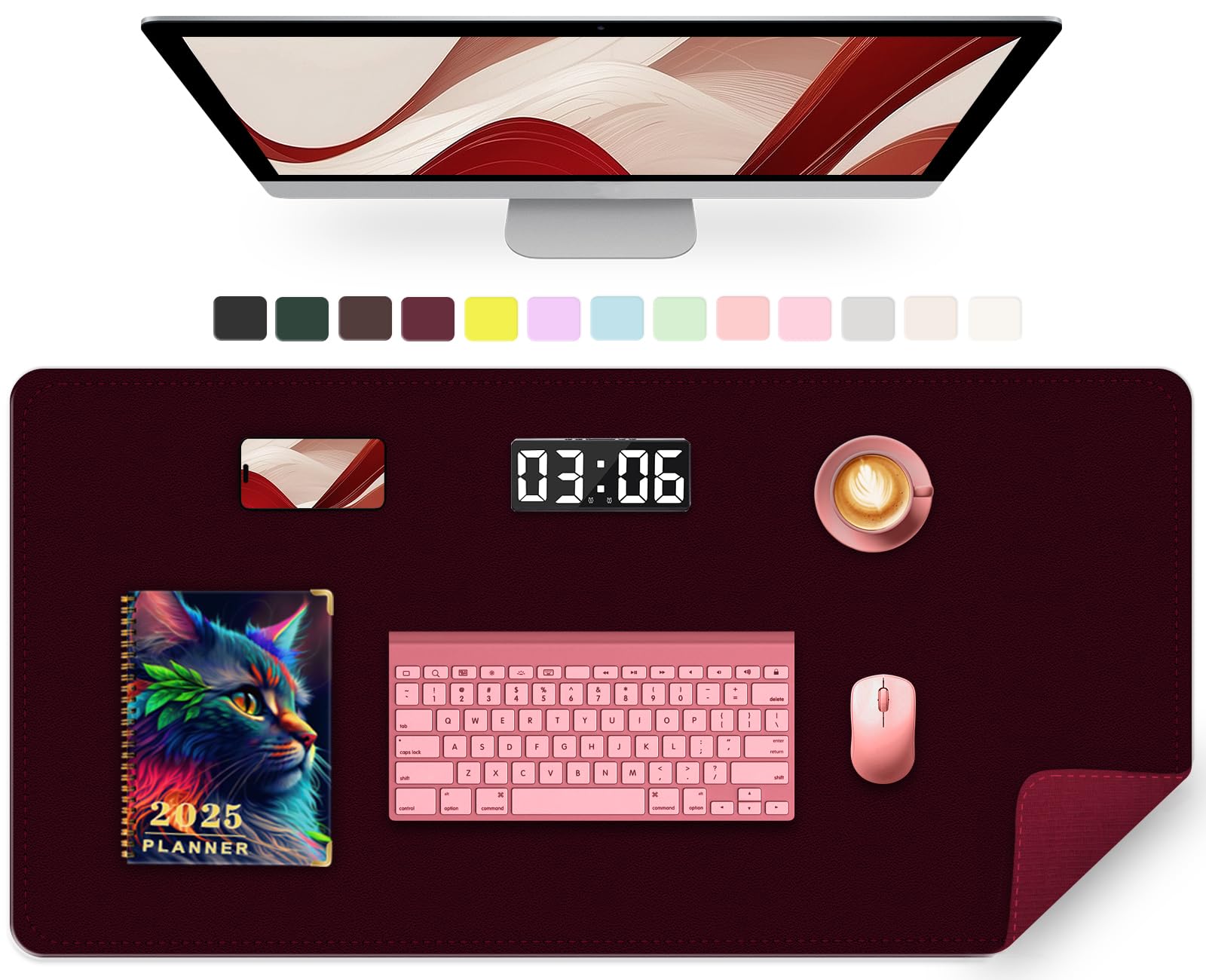 Photo 1 of Large Desk Mat 35.4" x 17", PU Leather Desk Pad Protector, Non-Slip Large Mouse Pad for Desk, Waterproof Computer Desk Mat, Office Desk Pad for Keyboard Mouse, Desk Writing Mat (Burgundy)