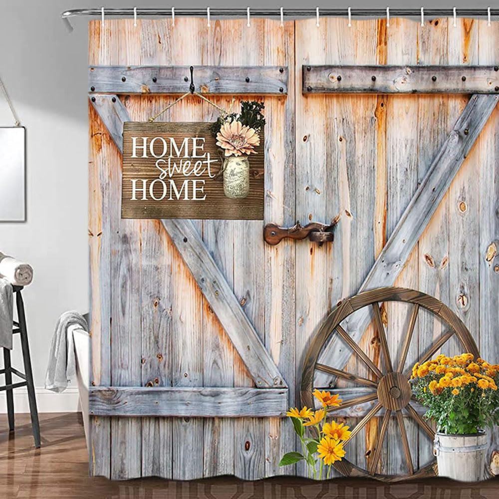 Jipusai 84 inch Extra Large Retro Barn Door Shower Curtain, Western Farmhouse Countryside Wooden Cabin Bath Curtain Sets for Bathroom,Fabric Vintage