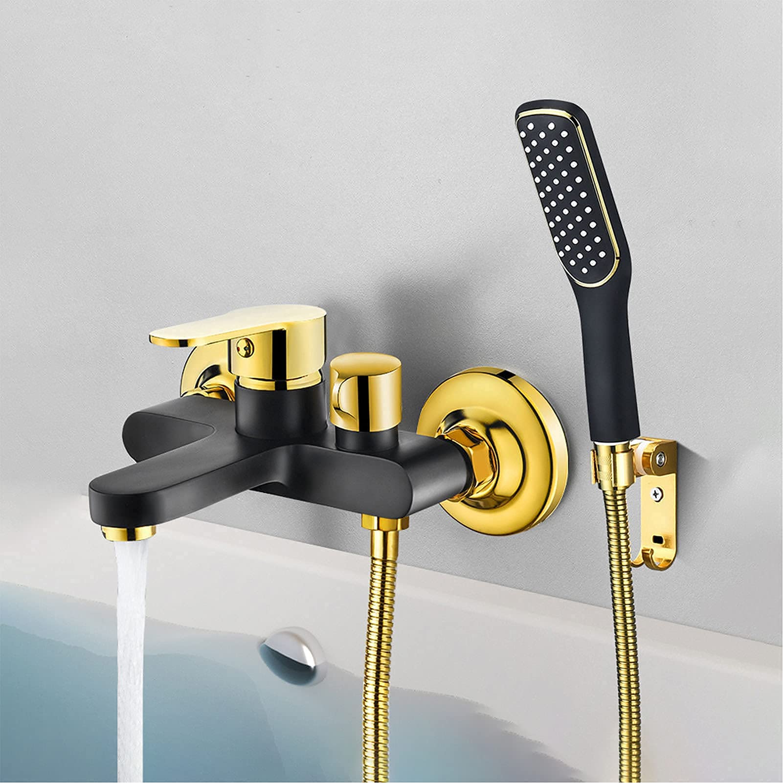 OZBMA Bathtub Shower Set Black Golden, Wall Mounted Faucet with Hand Shower, Bathroom Cold and Hot Bath Mixer Taps,A (B A)