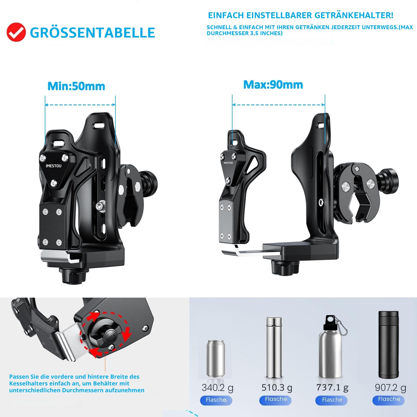 iMESTOU Anti-Diebstahl Motorrad Becherhalter, ATV Wasserflaschenhalter Kompatibel mit 50 bis 90mm Durchmesser Flaschen, mit 12,7-33mm Metallklammer Passend für ATV Roller, ATV...