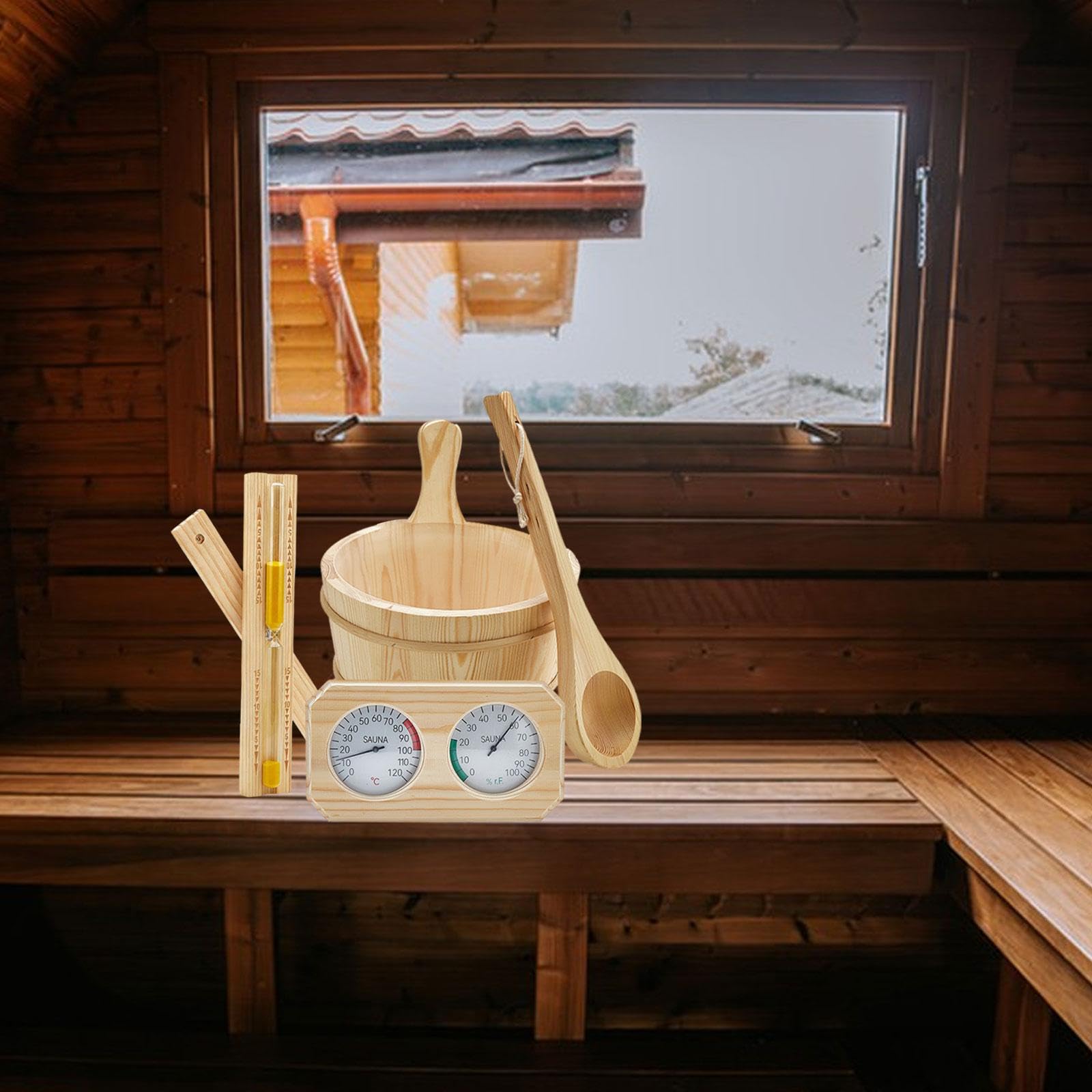 MagiDeal Kit Accessoires Sauna, Seau 4 L avec Poignée, Thermomètre Hygromètre, Louche, Sablier, Bois de Pin