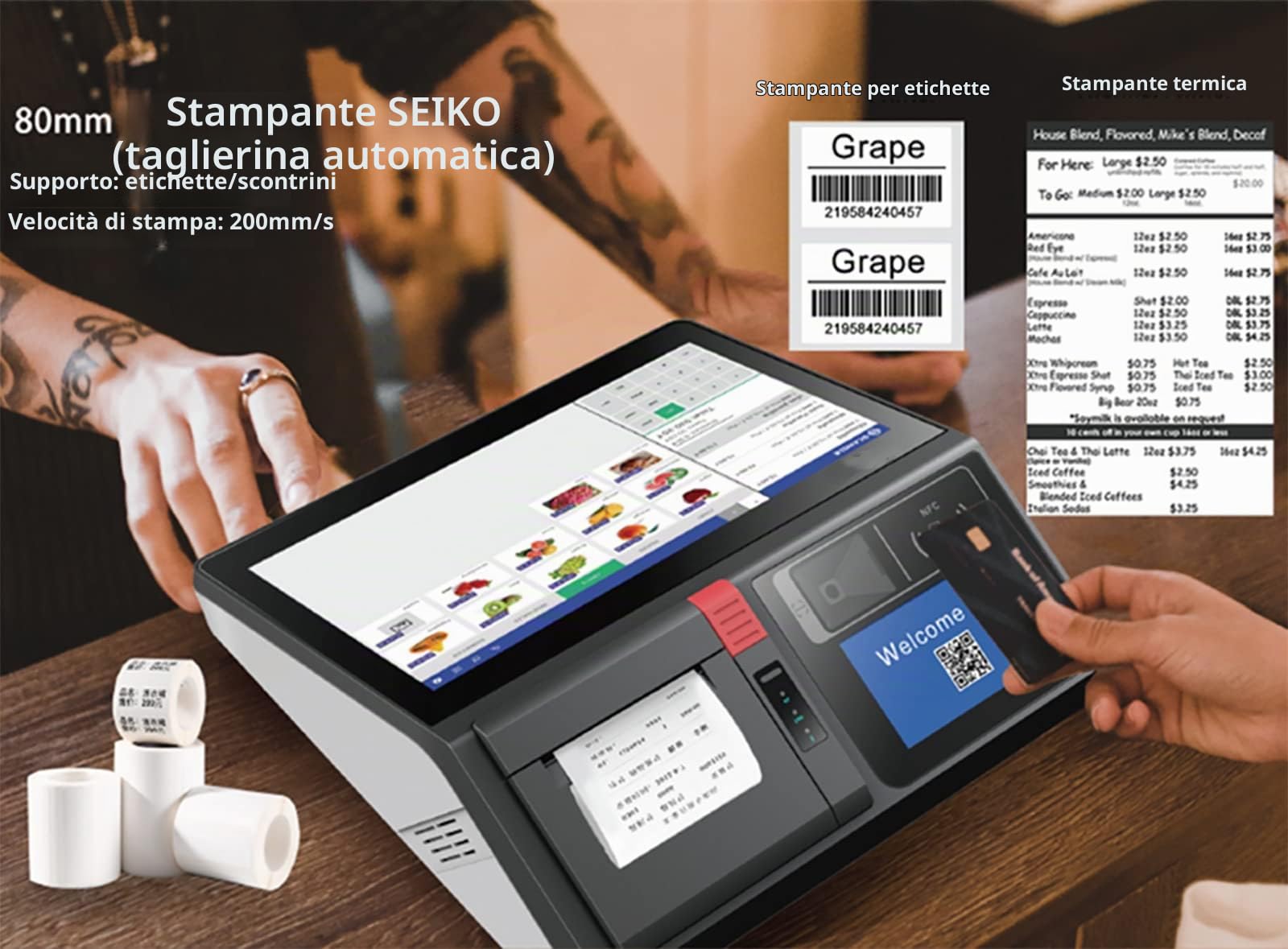 Registratore di cassa touch screen da 11,6 pollici, terminale di pagamento integrato e sistema di cassa per l'accettazione di contactless, chip, carte, stampante di ricevute Terminale Smart POS per Wi