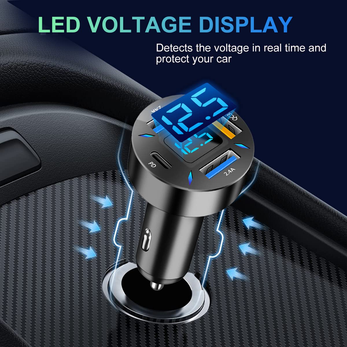 4-Porte Caricabatteria Auto USB C, 50W QC3.0 & PD Caricabatterie Veloce Accendisigari USB C Adattatore con Voltmetro LED, Compatibile con iPhone, Android, Samsung, Tablet e Tutti gli Smartphone