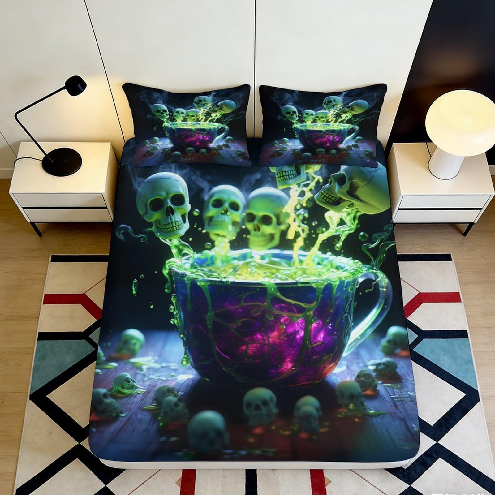 3D Printed Magic Skull Fitted Sheet Microfiber Deep Pocket Non-Slip Bedroom Skull Mattress Fitted Cover for Adults 140x200x25cm
