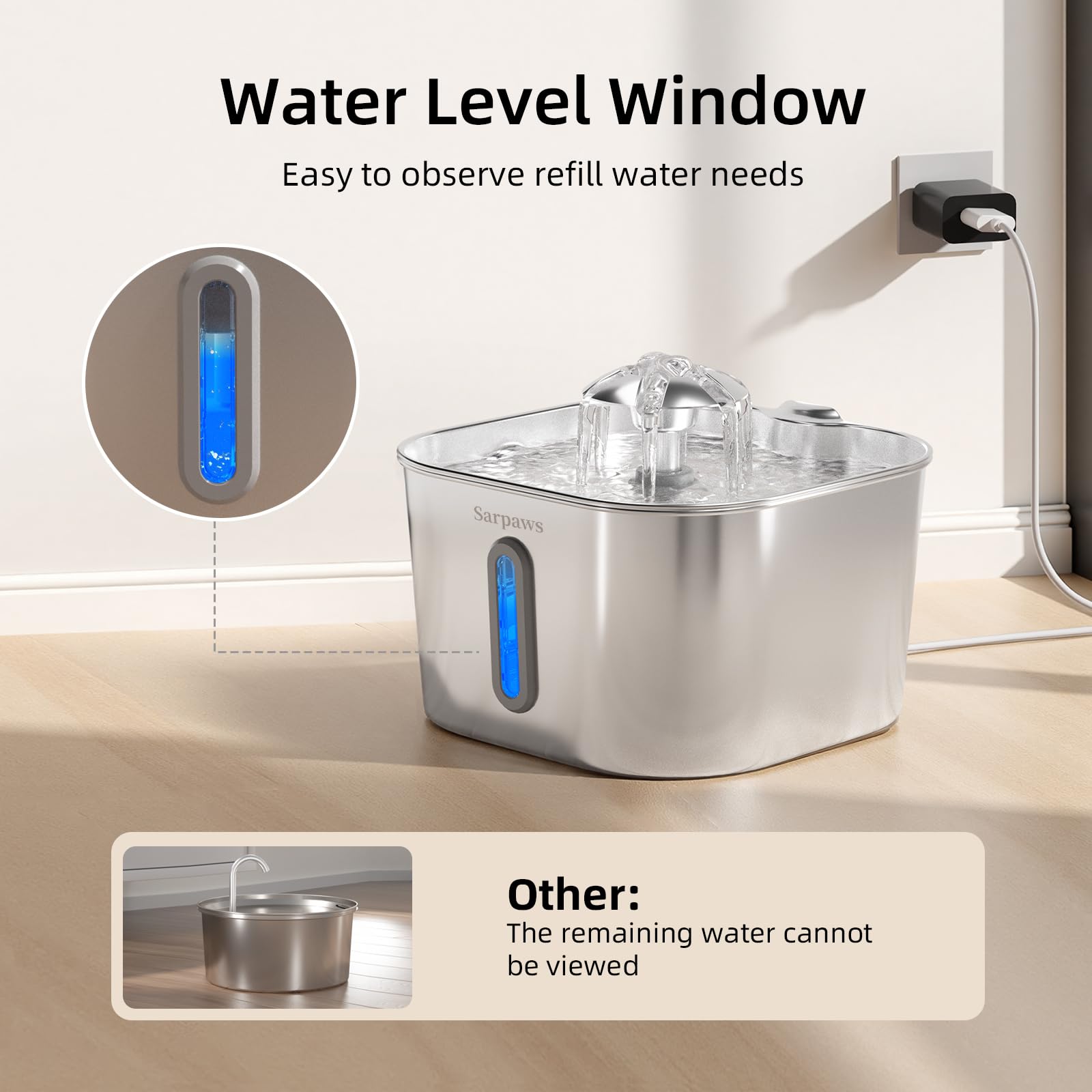 Cat Water Fountain Stainless Steel：74oz/2.2L Water Fountains for Cats Indoor, Cat Fountains for Drinking, Ultra-Quiet, Water Level Window, Pet Water Fountain - 2 Filters + 2 Sponges - image 7