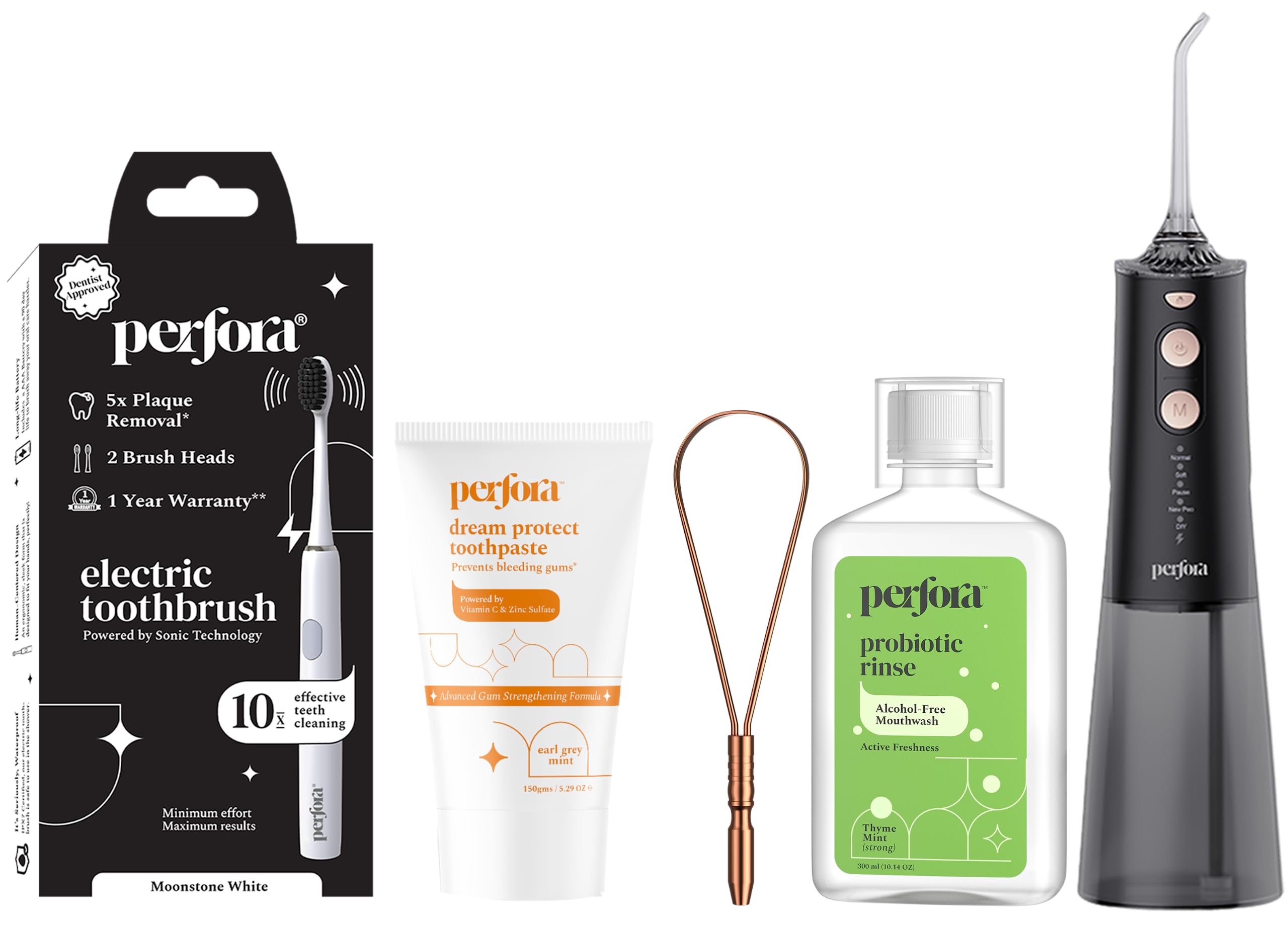 Perfora Everyday Expert Care | Moonstone White Electric Toothbrush | Dream Protect Toothpaste - Earl Grey Mint| Thyme Mint Mouthwash | Copper Tongue Cleaner | Water Flosser | Pack Of 5