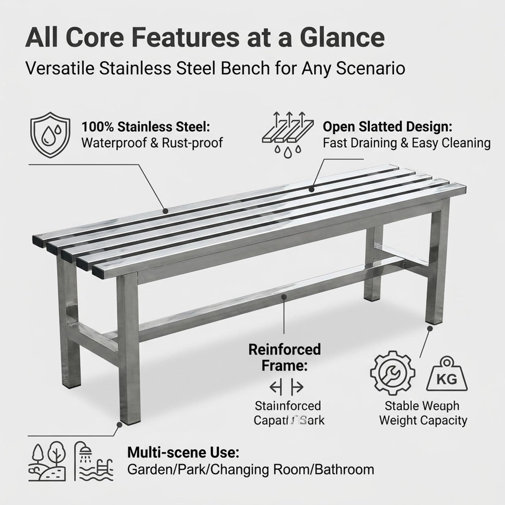 Banco de jardín de Acero Inoxidable para Exterior y Patio | Acero inoxidable 304,resistente a la oxidación y de alta resistencia;apto para porches, piscinas,(Single Layer,150cm/59in)