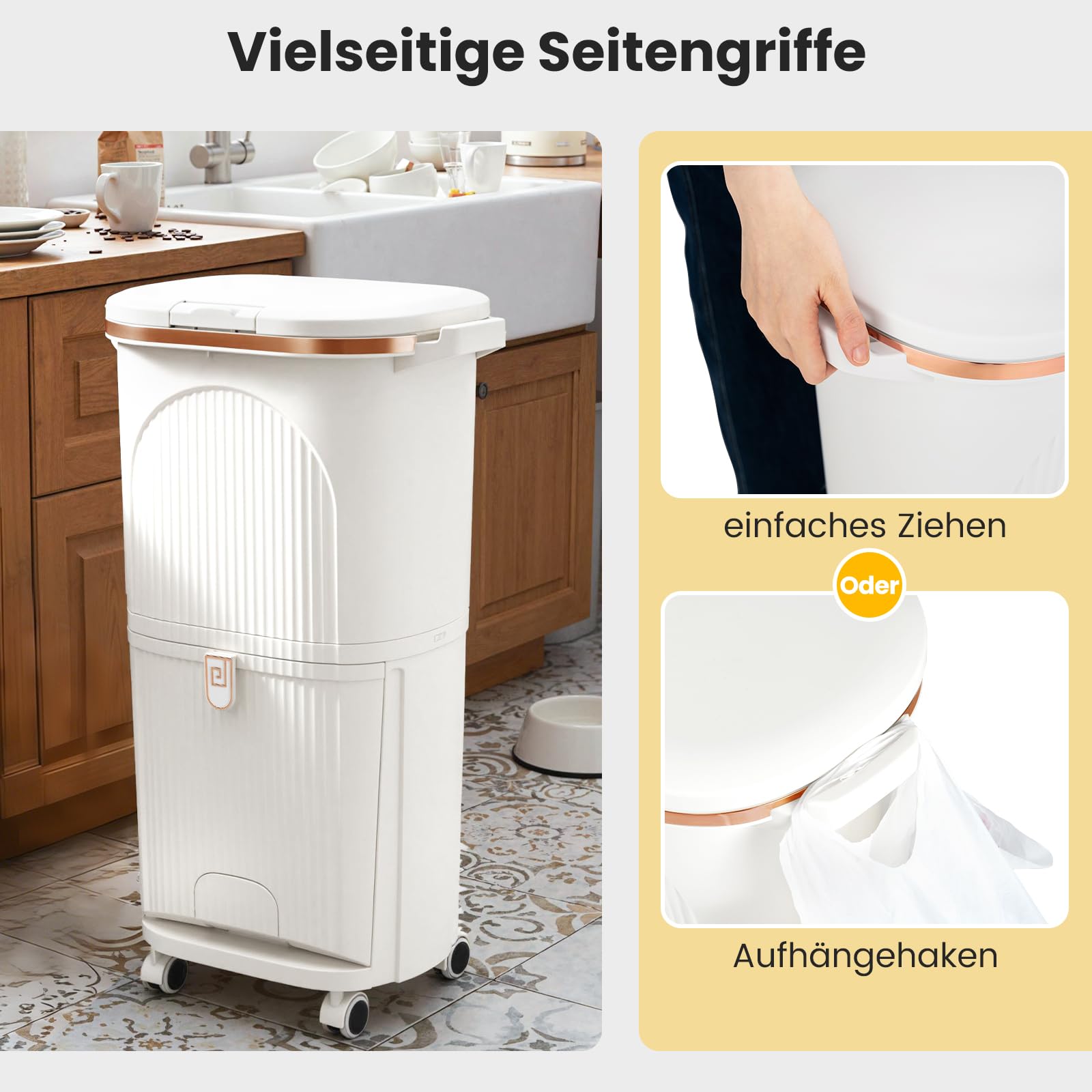 COSTWAY Mülleimer Küche, Mülltrennsystem 3 Fächer, 2 x 12L Inneneimer & 14L Treteimer, Abfalleimer mit Rollen, Deckel, Pedal & Haken, Tretmülleimer Abfallsammler für Küche (Weiß)