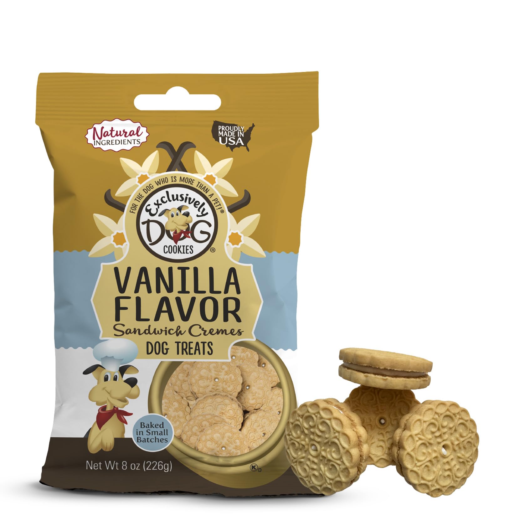 Exclusively Dog Cookies Sandwich Cremes Vanilla Flavor Dog Treats for Medium and Large Dogs, Natural and Made in The USA, 8 oz