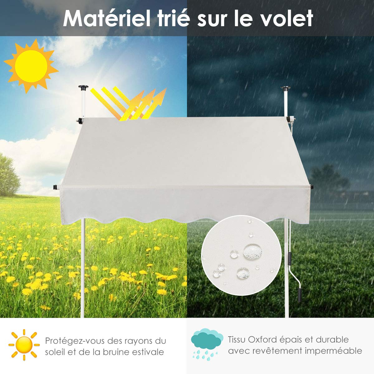 RELAX4LIFE Store Banne Manuel sans Perçage, Auvent Balcon Rétractable avec Manivelle, Tissu Oxford Anti-UV Imperméable, Hauteur Réglable 2-3 M, Store Banne pour Porte Fenêtre (Beige, 150 X 125 cm)