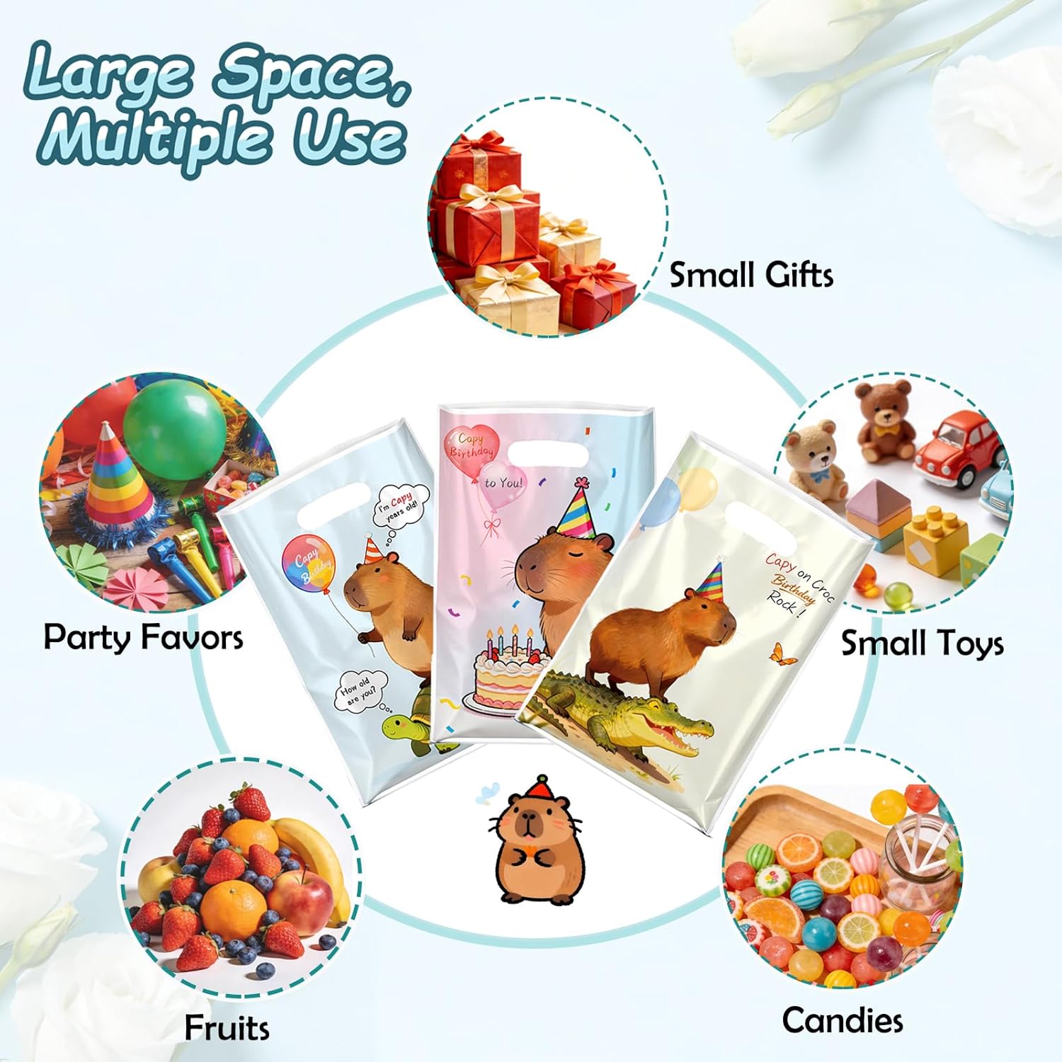 Elavfun 54 PCS Capybara Happy Birthday Party Favor Bags, Assorted “Capy Birthday” Animal Pun, 9 Unique Designs, for Capybara Lover Gifts, Capy Themed Reusable Plastic Goodie Bags Bulk, 6.5X9.8'' - Image 4