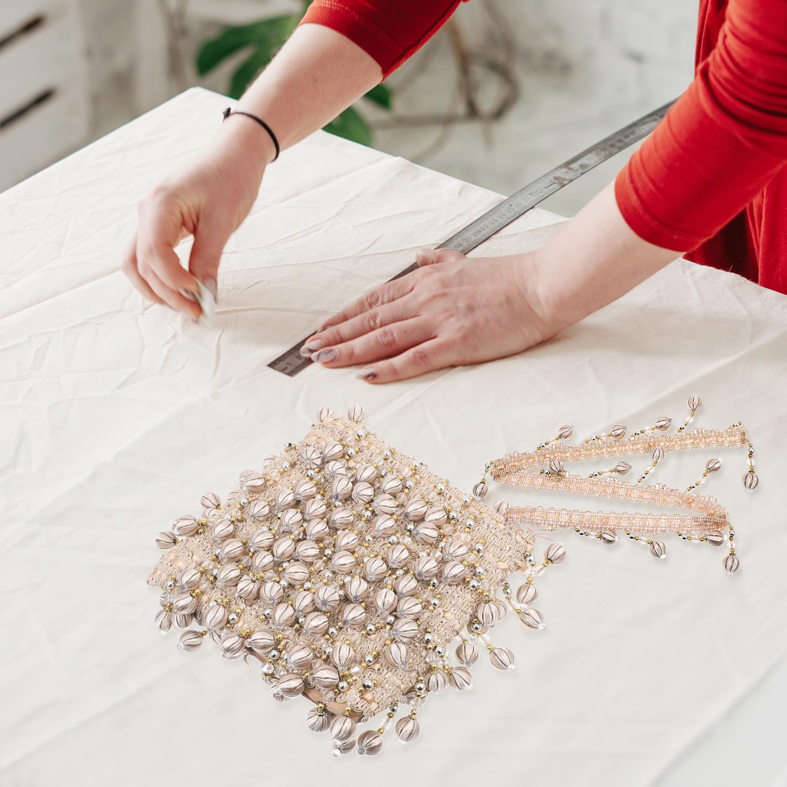 Frange Perlée de Rideau en Polyester Soie Beige, Bordure Décorative Fine Toucher, Résistante Mariage ou Couture DIY