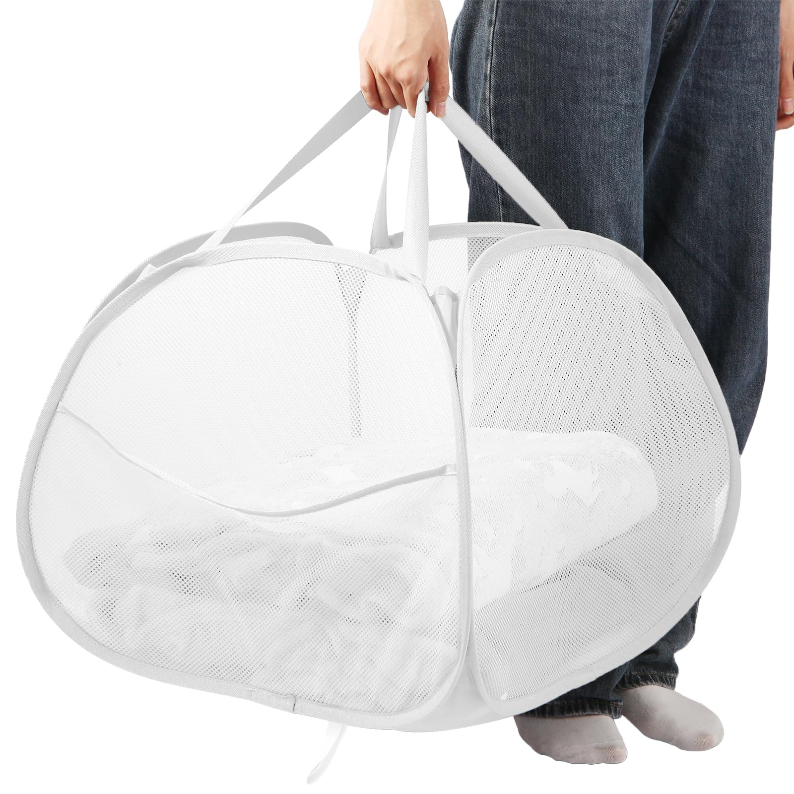 Bemkoo Collapsible Laundry Basket, 90L Large Foldable Mesh Pop Up Hamper for Laundry, Dirty Clothes, Bedroom, Bathroom, Dorm, Laundry Room, Travel, Camping, White