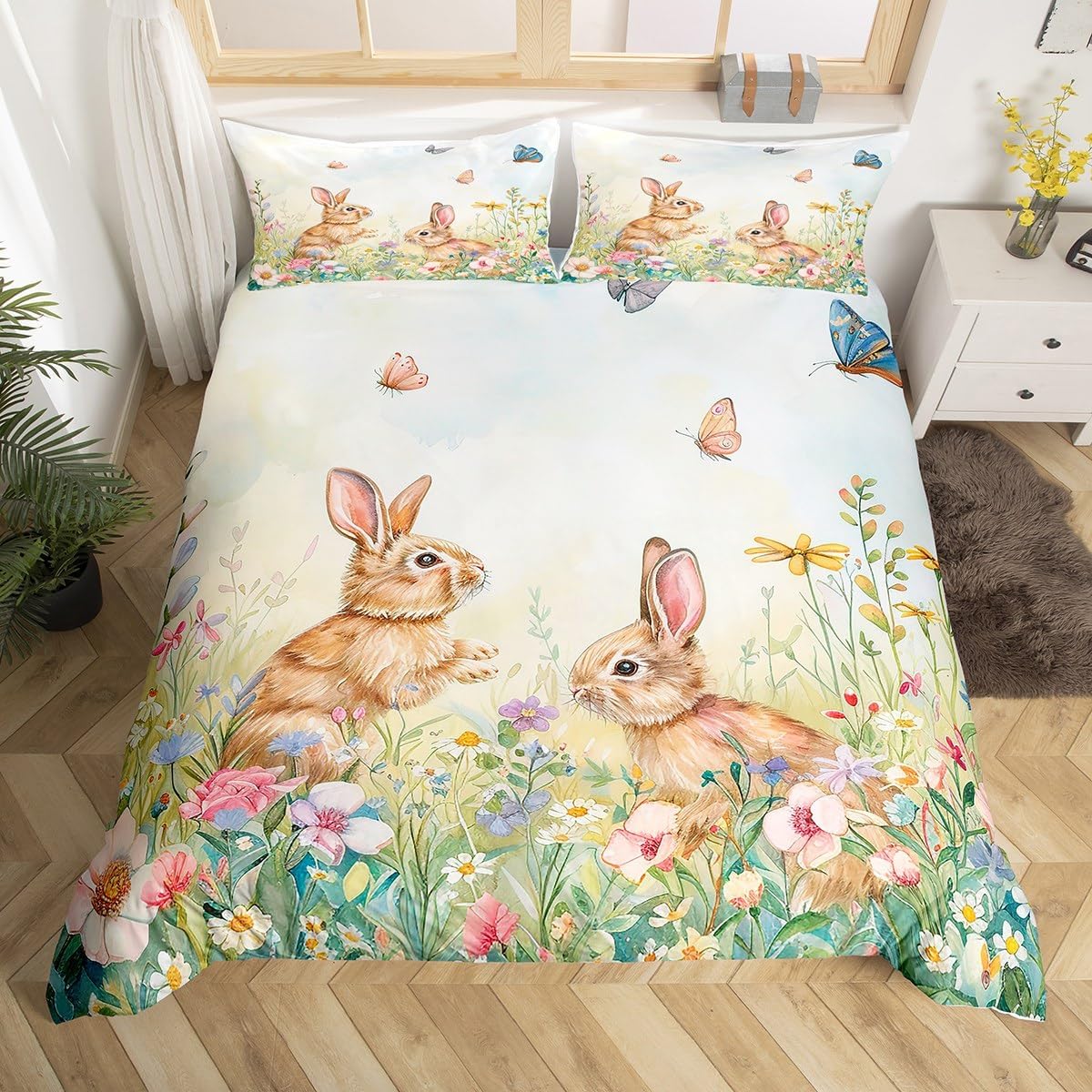 Feelyou Easter Cute Bunny Bedding Set Full Size Spring Flower Duvet Cover Set for Boys Girls Butterfly Comforter Cover Set Spring Holiday Bedspread Cover 3Pcs