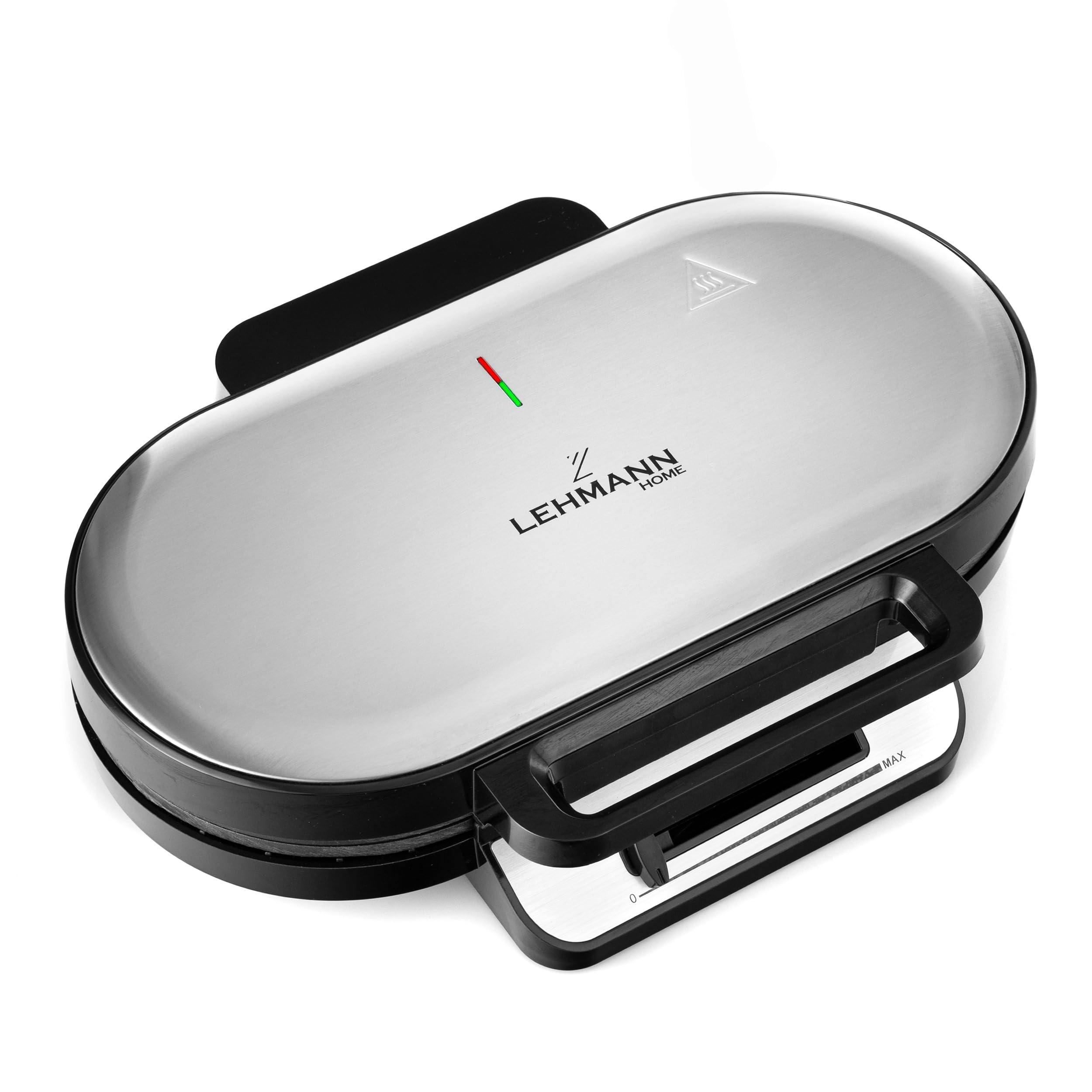 LEHMANN Gofrera Corazon Doble - Waffle Maker para 10 Gofres de Corazón Clásicos - Maquina de Gofres con 2 Superficies Antiadherentes - Control de Temperatura - 1200 W - Negro/Plateado