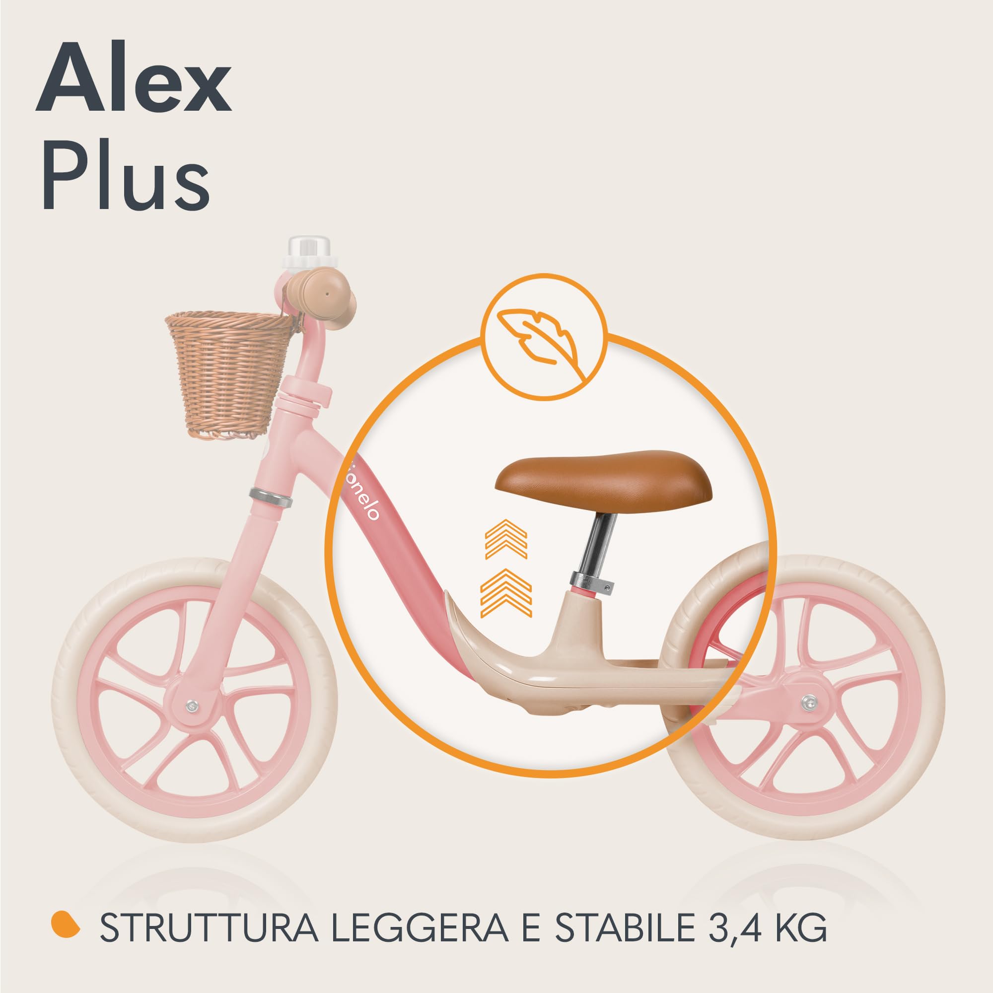 lionelo Alex Bici senza pedali per bambini da 3 anni fino 30kg Resistente e leggera solo 3kg Ruote in schiuma EVA 30cm Manubrio e sella regolabili Blocco dello sterzo Poggiapiedi Cestino