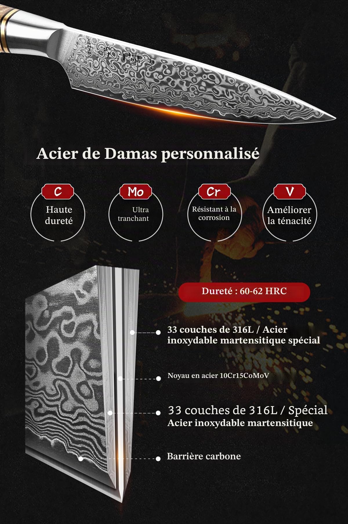 HEZHEN Couteau Universel, Acier Damas Couteaux D'office, Multifonctionnel Couteau à Fruits, Figured Sycamore Wood Handle