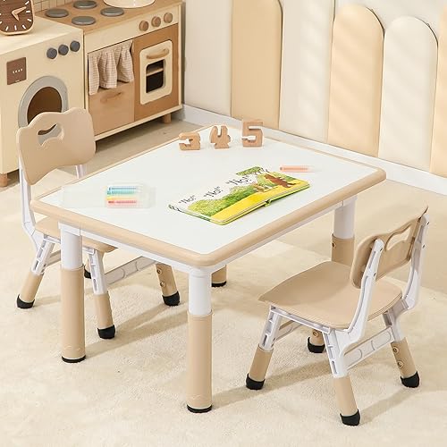 Mesa y 2 sillas para niños pequeños, juego de mesa y sillas para niños de altura ajustable, 31.5 pulgadas de largo x 23.6 pulgadas de ancho, mesa de