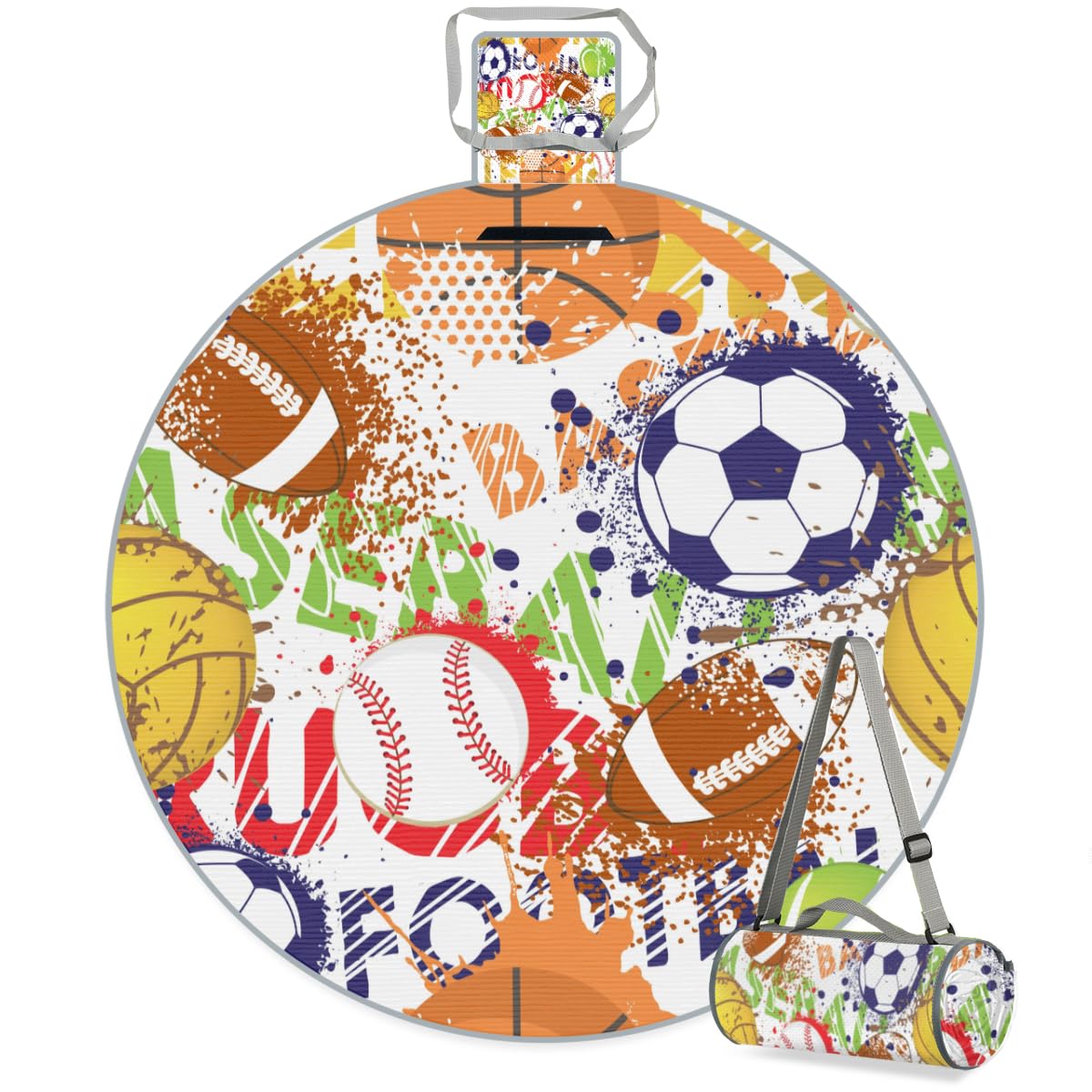 Shimoshe Watercolor Graffiti Sports Balls Picnic Outdoor Blanket Foldable Waterproof Sandproof Beach Blanket Portable Water-Resistant Round Picnic Mat for Travel Camping Park Lawn