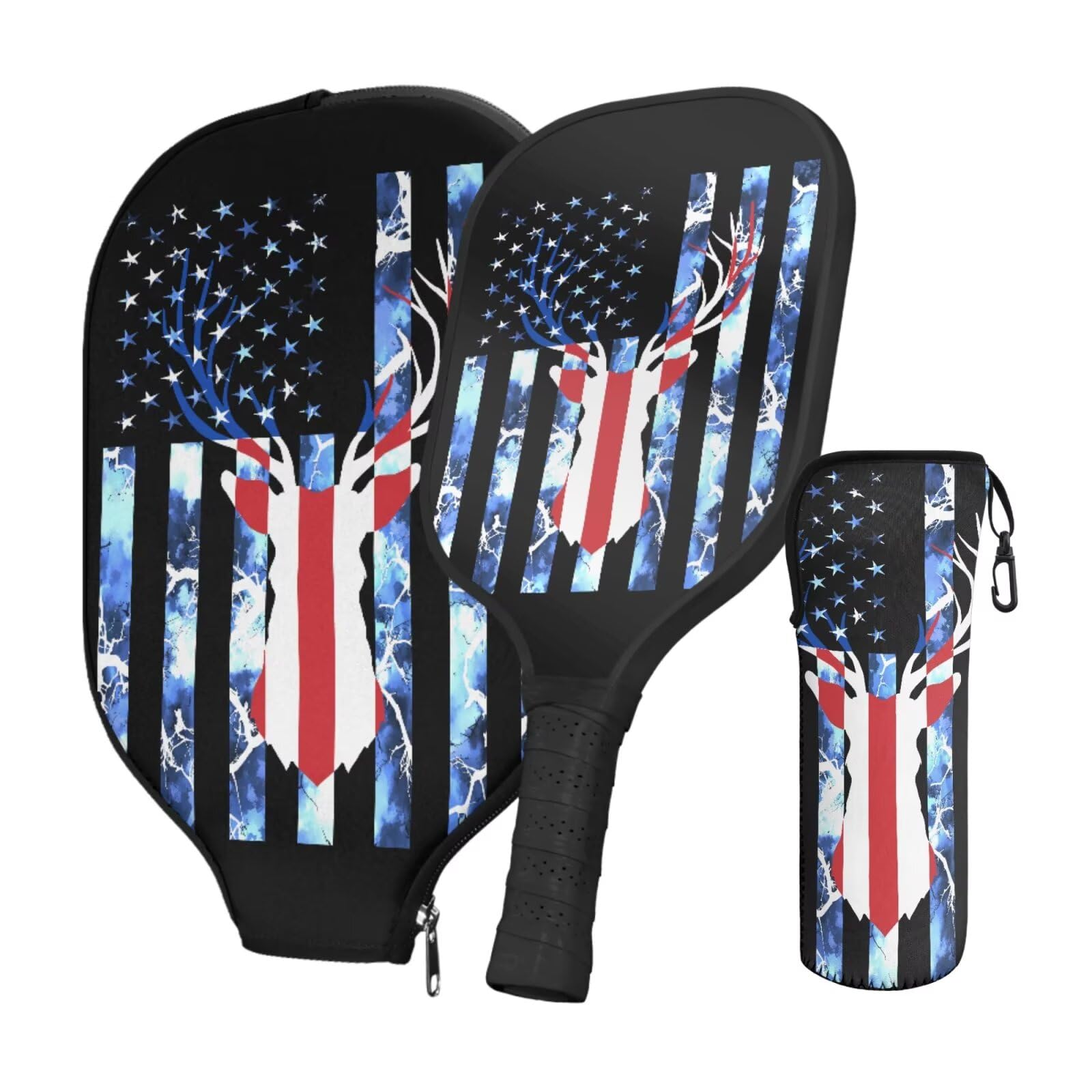 TSOVTHRID American Flag Reindeer Pickleball Paddles Set 3 Pieces Pickleball Paddle Covers Pickleball Paddles with Cushion Comfort Grip Pickleball Bag Pickleball Rackets for Adults and Teenager
