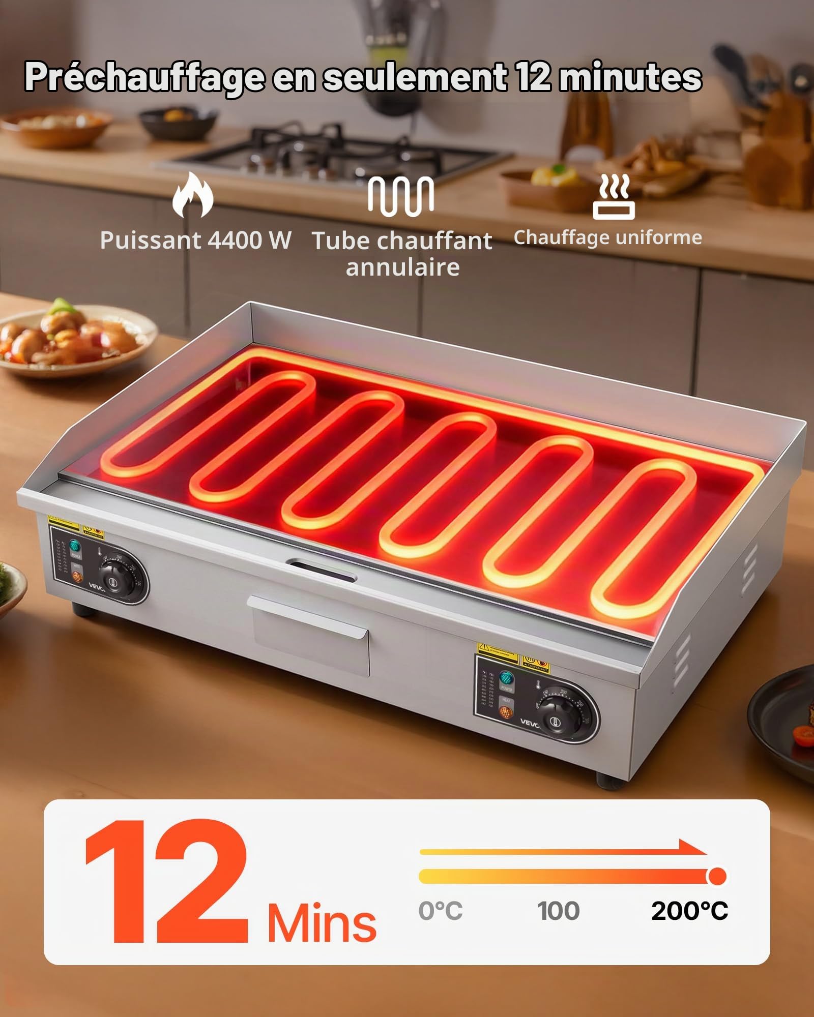 VEVOR Plancha Électrique Commerciale 725x400 mm, 4400 W Gril de Table, Thermostat Réglable 50-300 °C, Plaque de Cuisson Acier Inox, Protection contre Éclaboussures, Extérieur et Intérieur (SANS PRISE)