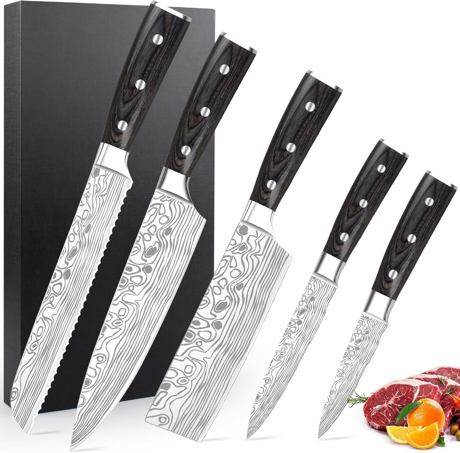 Juego de Cuchillos de Cocina Profesionales 5 Piezas, Incluye Cuchillo de Chef 20cm, Cuchillo para Pan 20cm, Nakiri 18cm, Cuchillo Multiusos 13cm, Cuchillo para Frutas 9cm