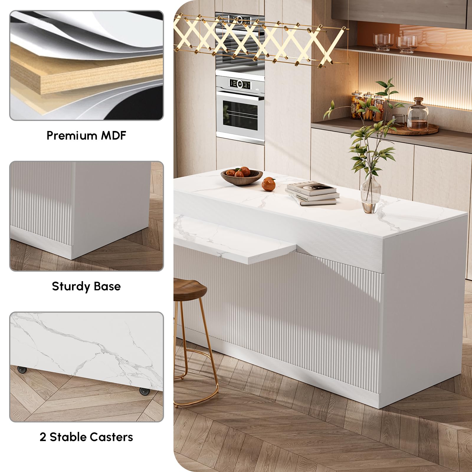 Homary Îlot Central de Cuisine Extensible avec Rangements 205-268 cm, Meuble Îlot Moderne avec 3 Tiroirs, 3 Portes & 2 Étagères, en Bois, Résistant à l'eau, pour Salle à Manger