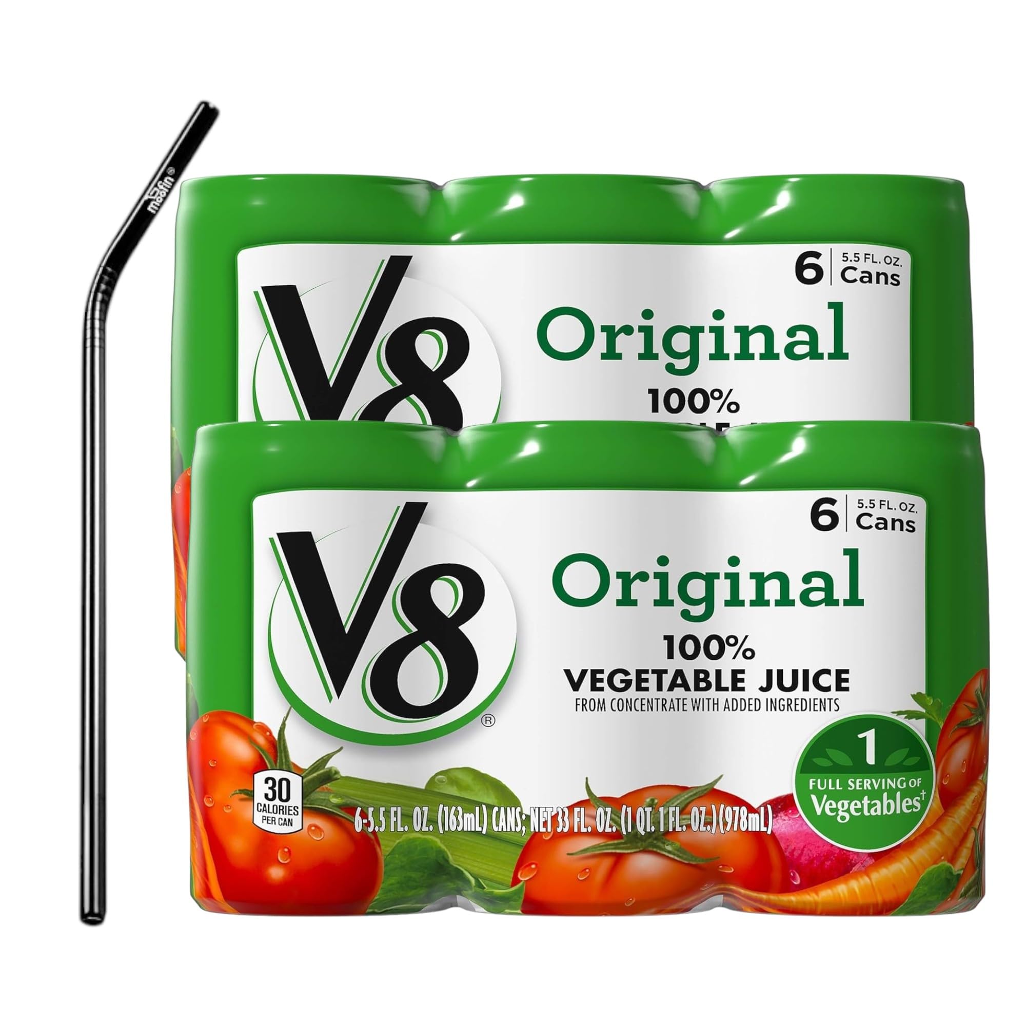 moofin100% Organic Vegetable Juice, 5.5 oz Cans - Rich Tomato, Carrot, Spinach Blend, No Added Sugars, Bundled with Metal Straw, Ideal for Snacking & Recipes, Juice Vegetable Juice Cans [Pack of 2]
