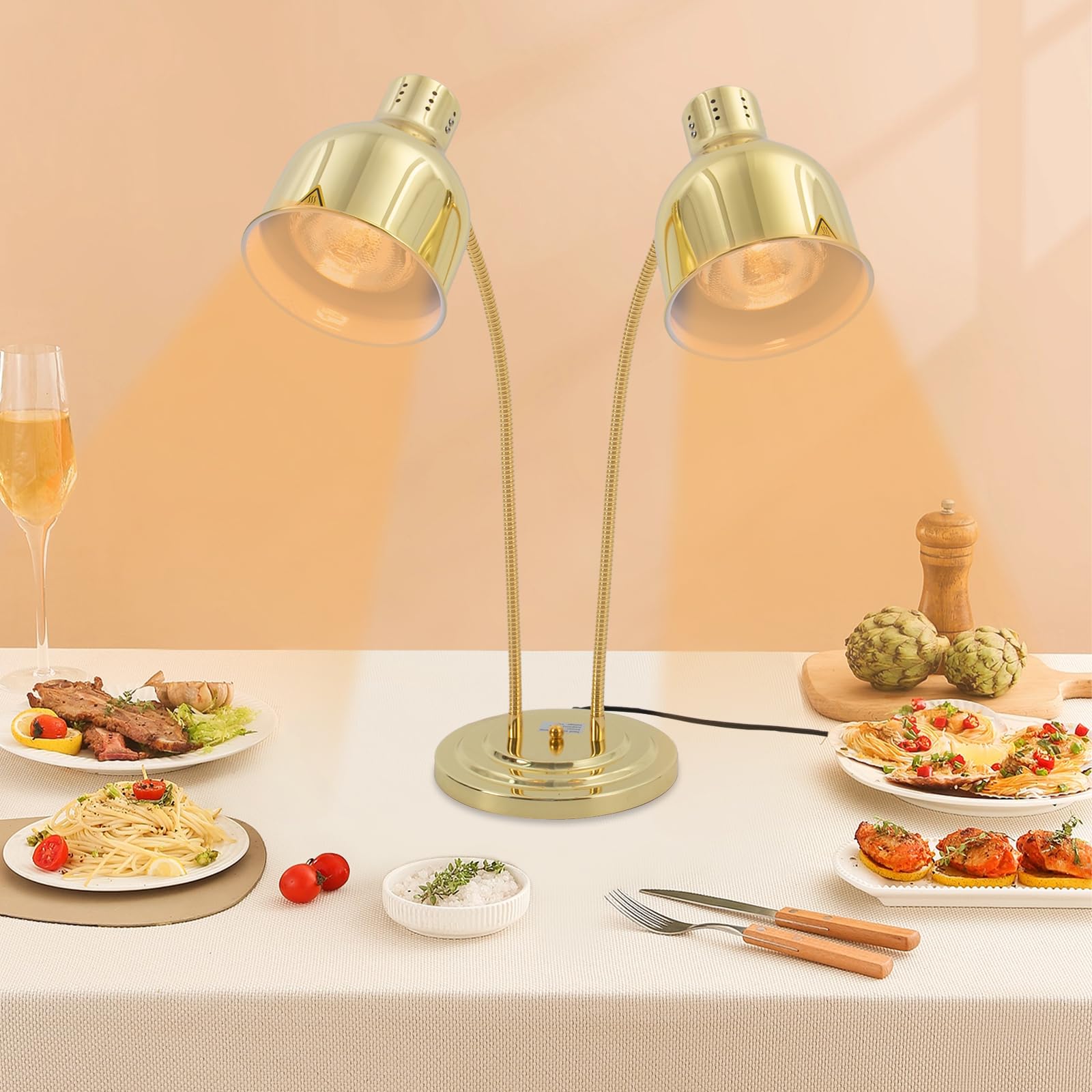 pijopang Food Heat Lamp, 500W Commercial Food Warmer Lamp w/ 360°Adjustable Head & 2 Dual 250w Bulbs, Food Warming Heating Light for Restaurant Kitchen Buffet-Gold