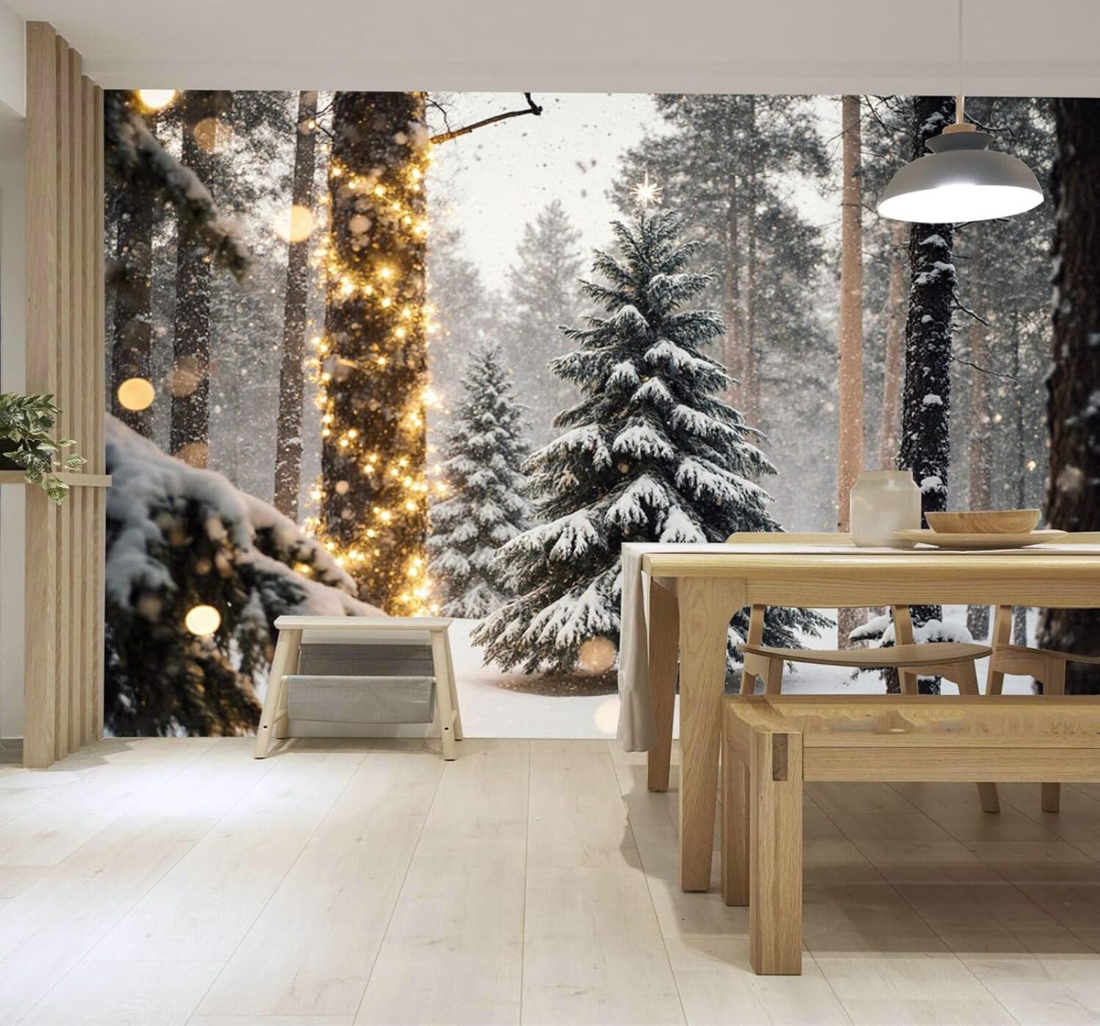 3D Carta da Parati Suggestivo Inverno Fiocchi Di Neve Bosco Di Pini Luci